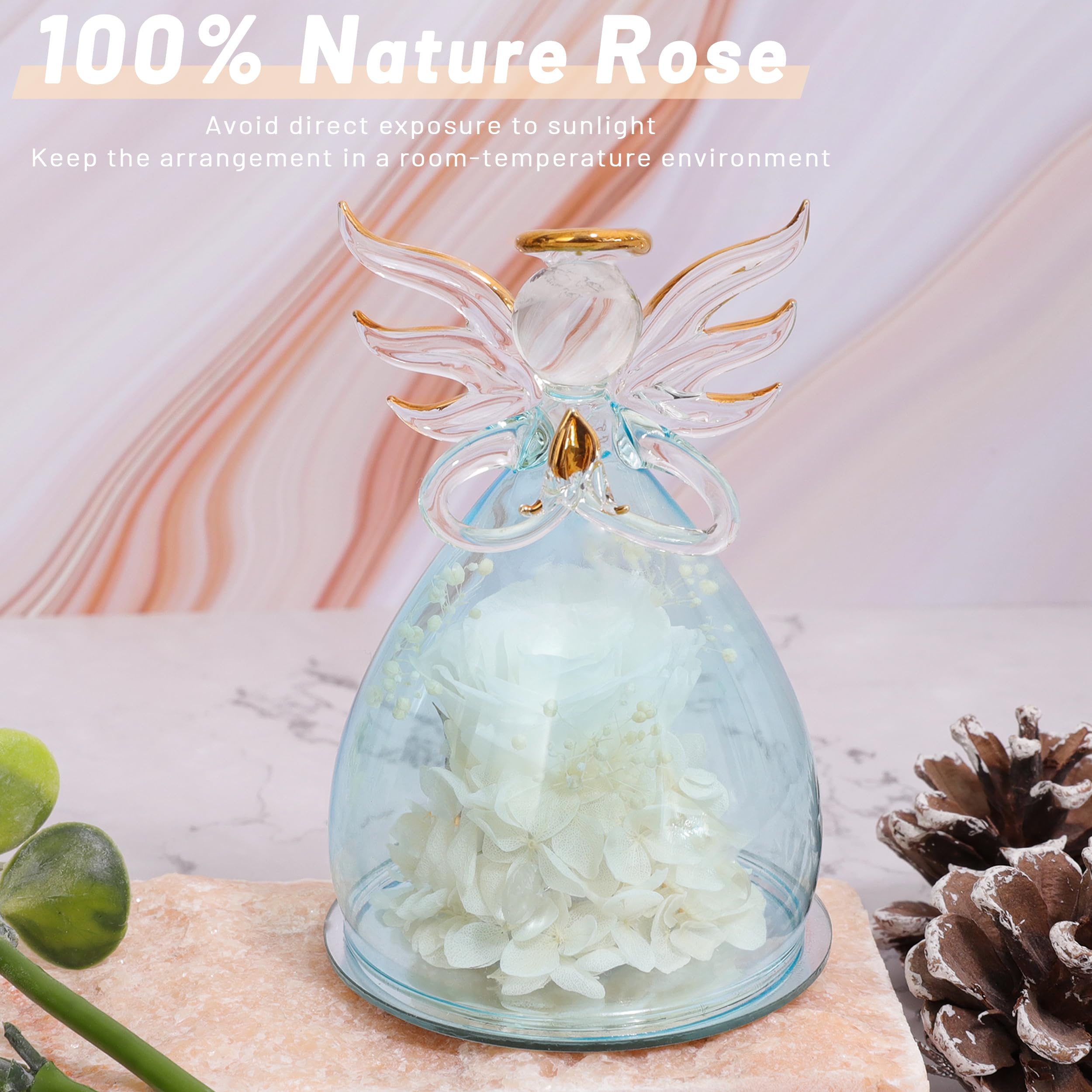 ANLUNOB Glass Angel with Rose Inside - Thoughtful Birthday Gift for Grandma & Mom, Anniversary, Wedding, Christmas, Thanksgiving, Mother's Day - Elegant White Rose Keepsake for Her - Perfect for Home Decor, Special Occasions & Heartfelt Moments