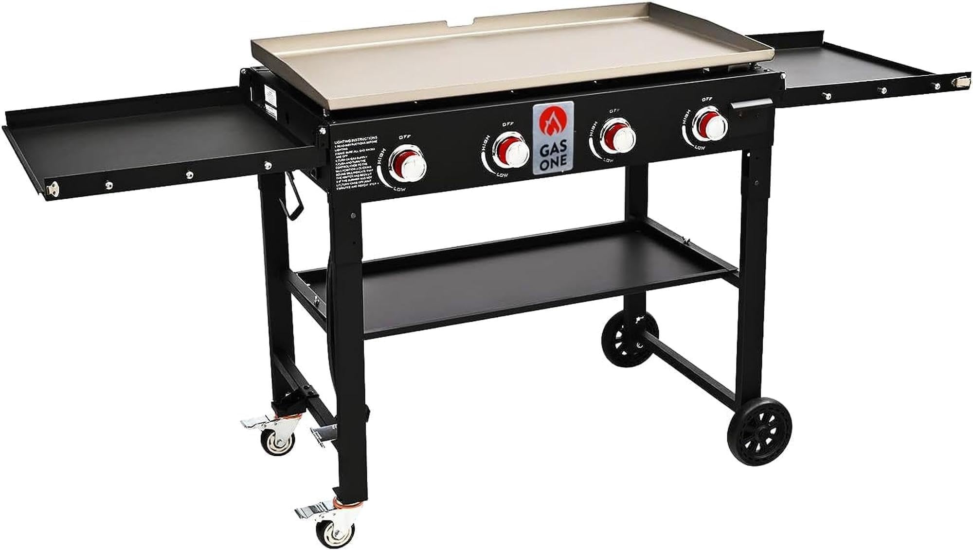 Gas One 36-Inch Flat Top Propane Grill Griddle - Foldable 4-Burner Outdoor Cooking Station with Pre-Seasoned Surface & Side Shelves - Professional Black Griddle for Backyard BBQ, Tailgating & Camping