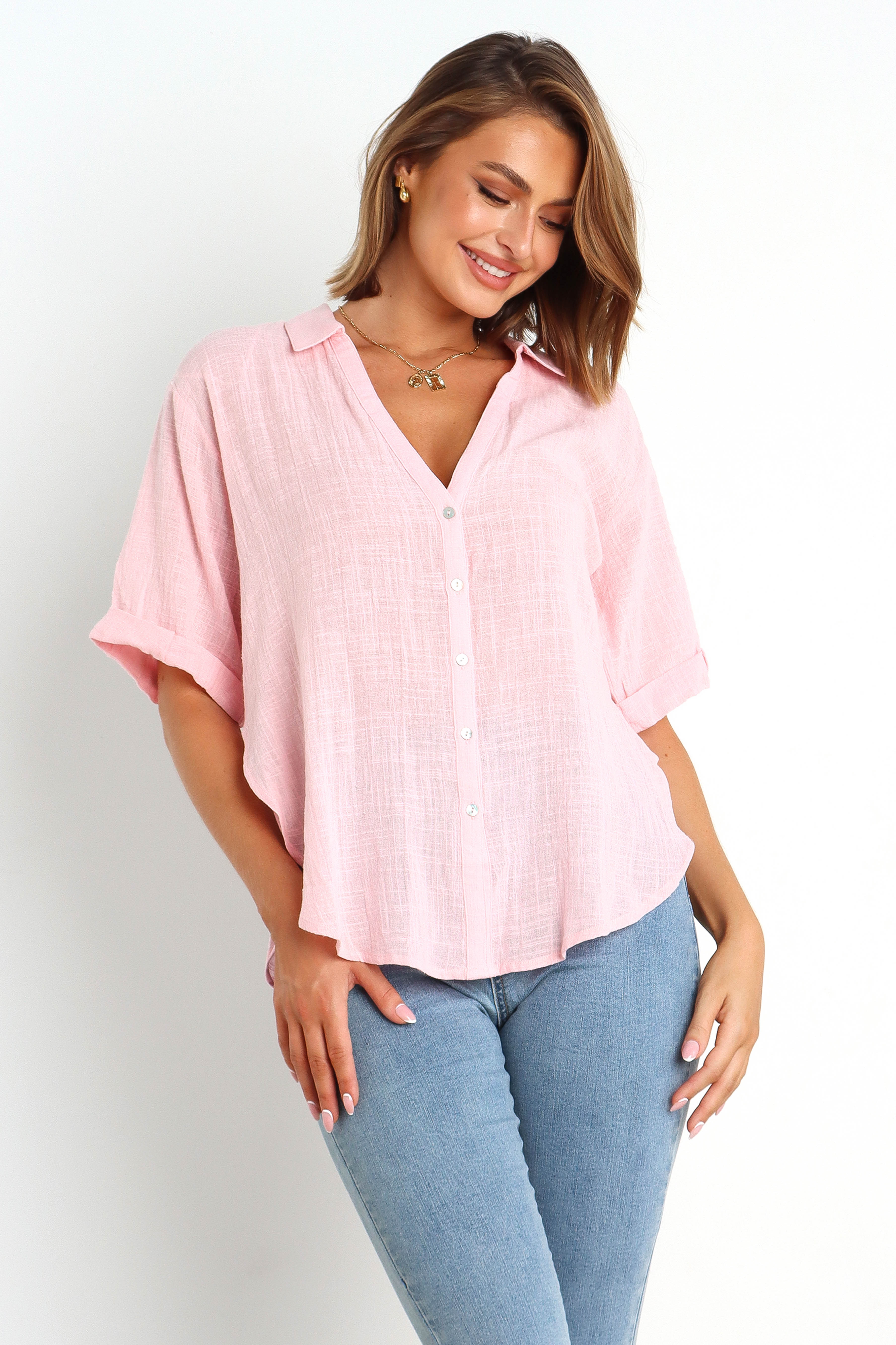 Dion Women's Pink Tops - Casual Short Sleeve Blouse for Summer, Office, and Date Night Outfits
