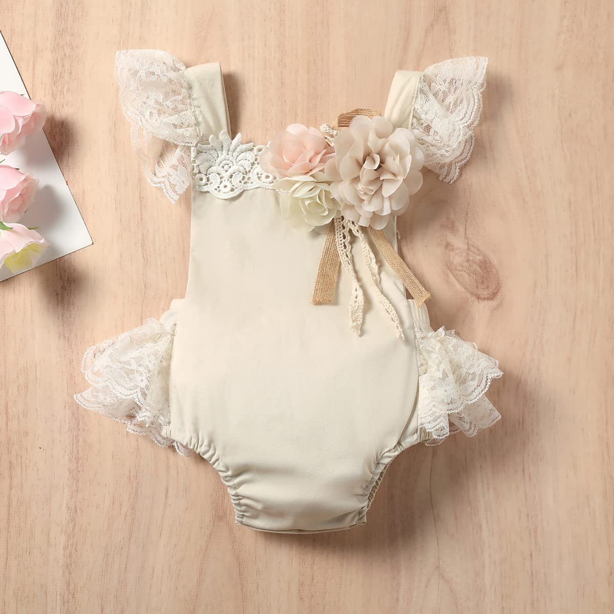 Baby Girl Outfit - Sleeveless Floral Lace Embroidery Romper with Tulle Dress & Headband Set | Newborn Photoshoot, Christening, Birthday Party, Special Occasion Dresses