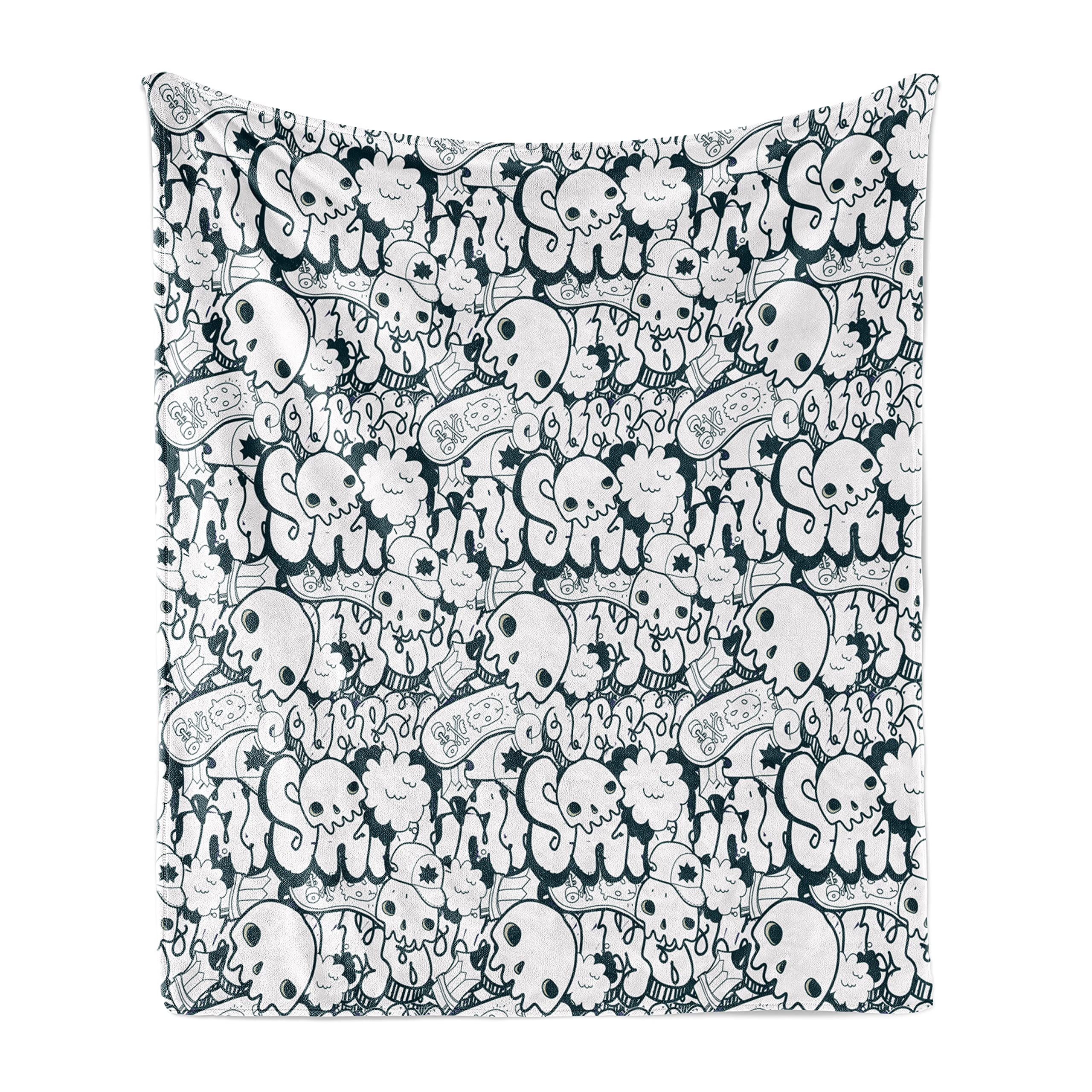 Ambesonne Modern Throw Blanket - Skull & Skateboard Graffiti Design Fleece Blanket, 50x60 Inch Charcoal Grey White - Soft Flannel Couch Cover for Adults | Perfect for Living Room, Bedroom & Dorm Decor