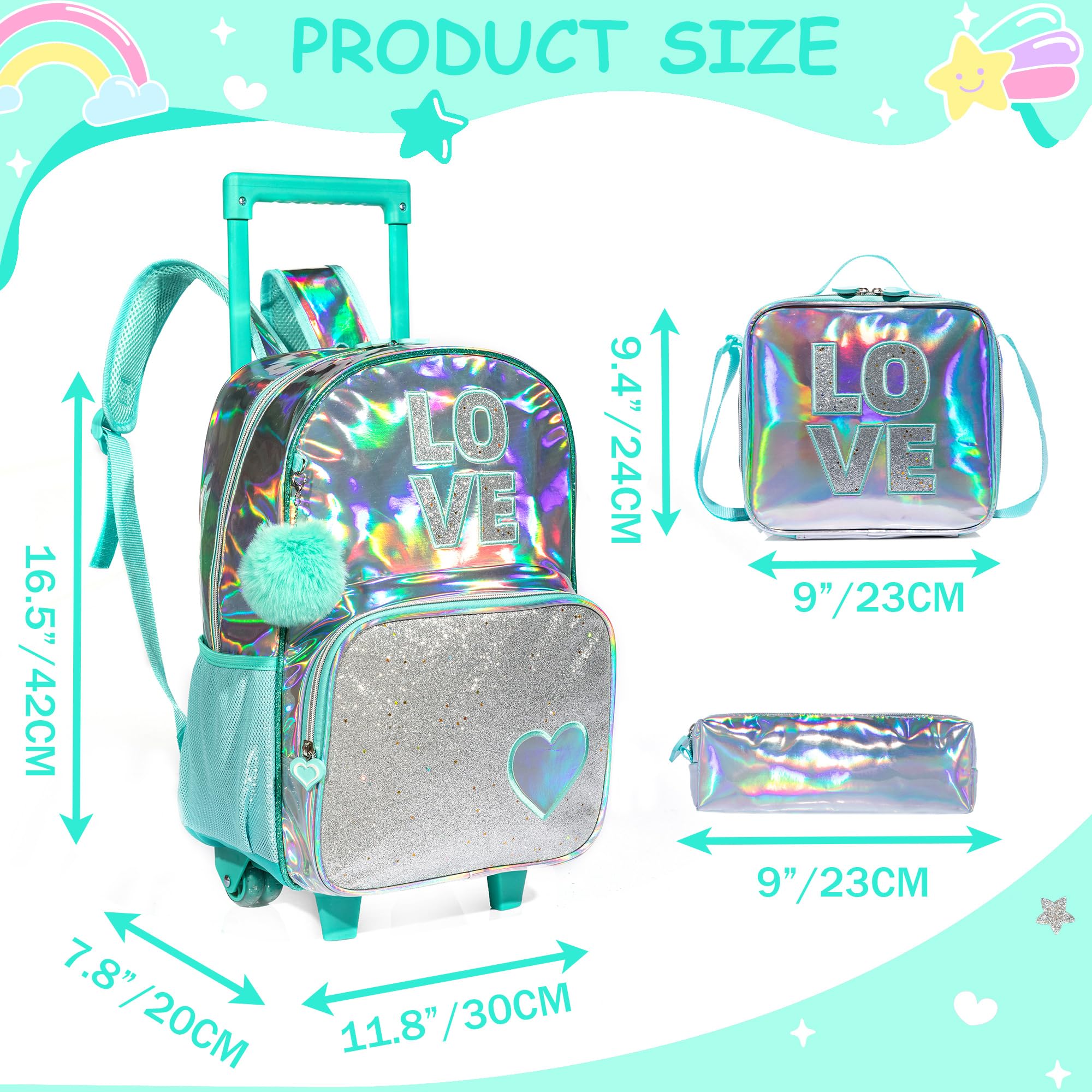 Rolling Backpack for Girls - Kids Wheeled Backpack with Lunch Bag for Elementary & Kindergarten | Lightweight Carry-On Luggage for School, Travel & Daily Use