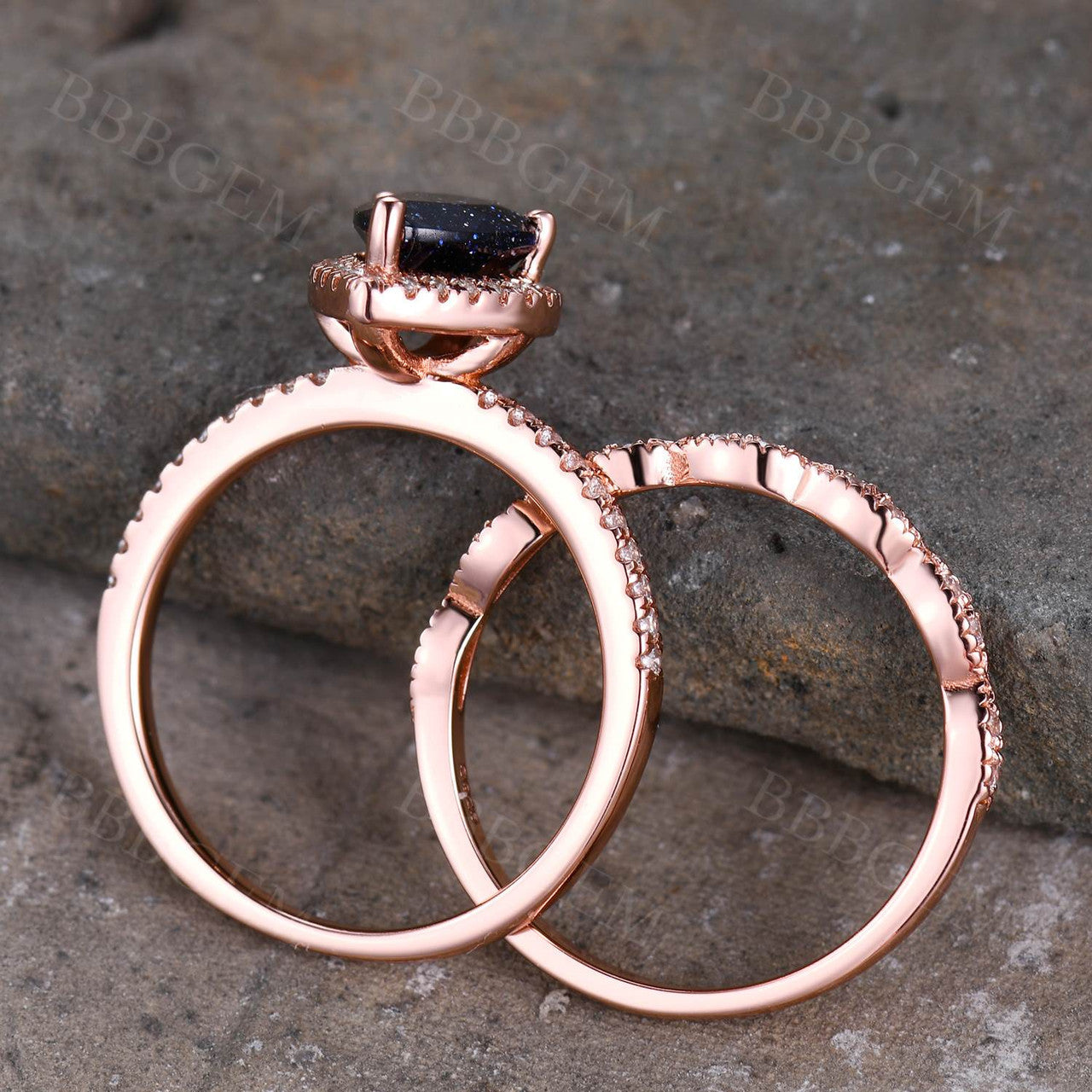 6x8mm Pear Cut Blue Sandstone Wedding Ring with Diamond Halo in Rose Gold - Half Eternity Diamond Matching Band for Engagement, Anniversary & Bridal Jewelry Gifts