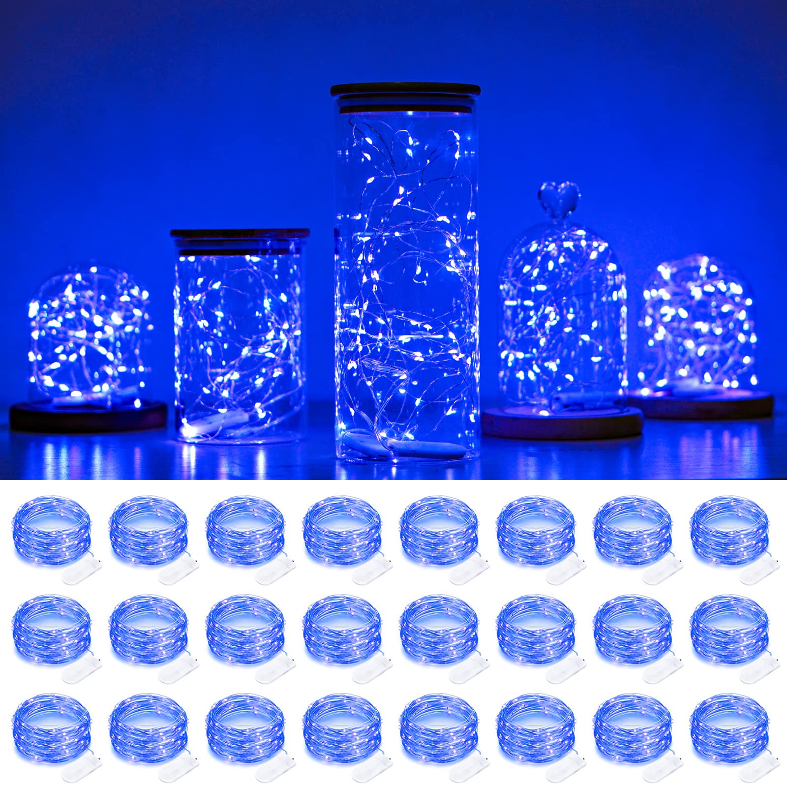 SmilingTown Starry Fairy String Lights 24 Pack - 20 LED Battery Powered Copper Wire Lights (7.2ft) for Wedding, Party, Halloween & Christmas Decor - Blue Fairy Lights for Table Centerpiece, Bedroom, Garden & Outdoor Decorations