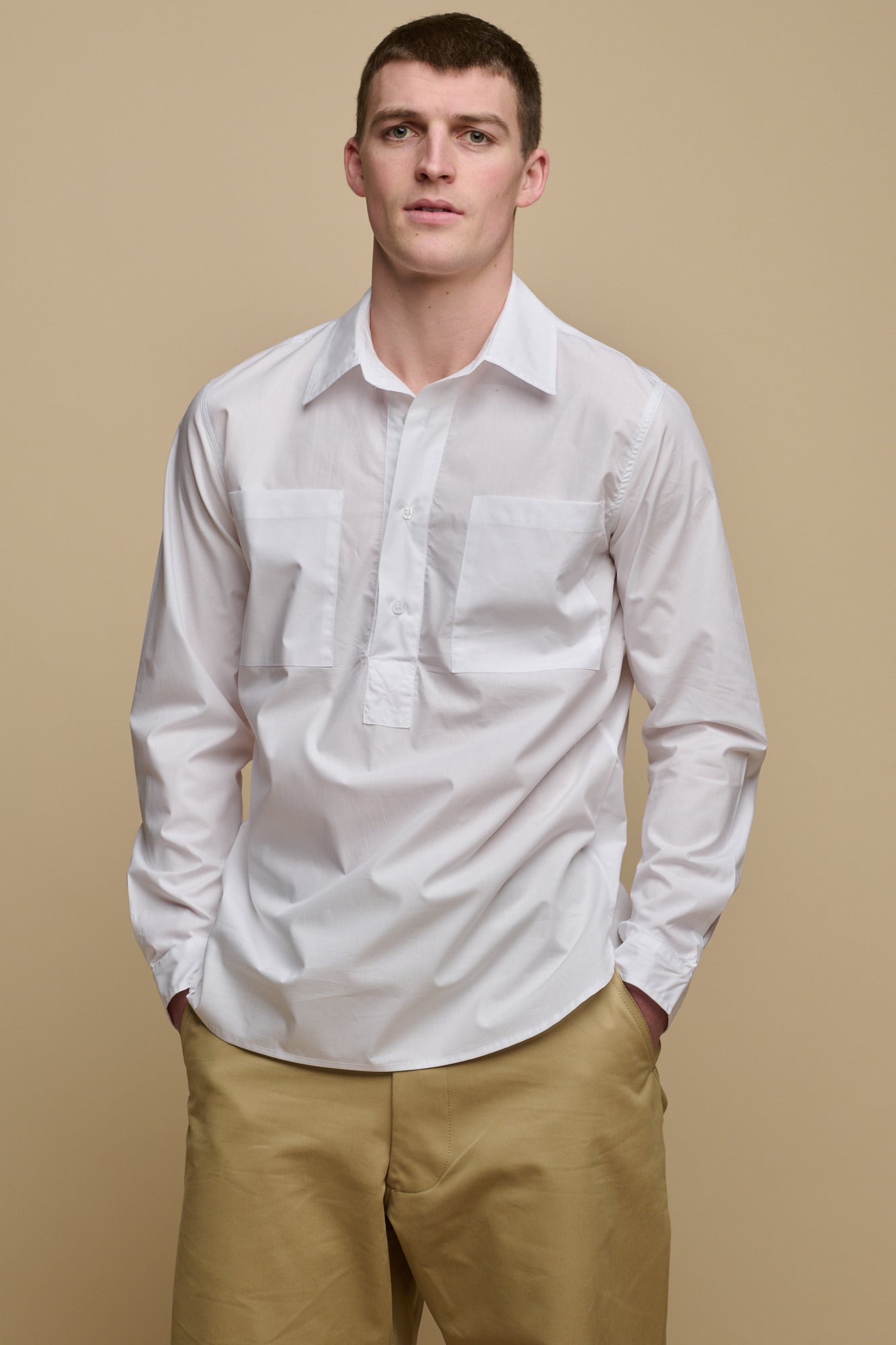 Men's Oli Half Placket Lightweight Cotton Shirt - Breathable Casual Button Down Shirt for Men in White | Perfect for Office, Summer Outfits & Travel