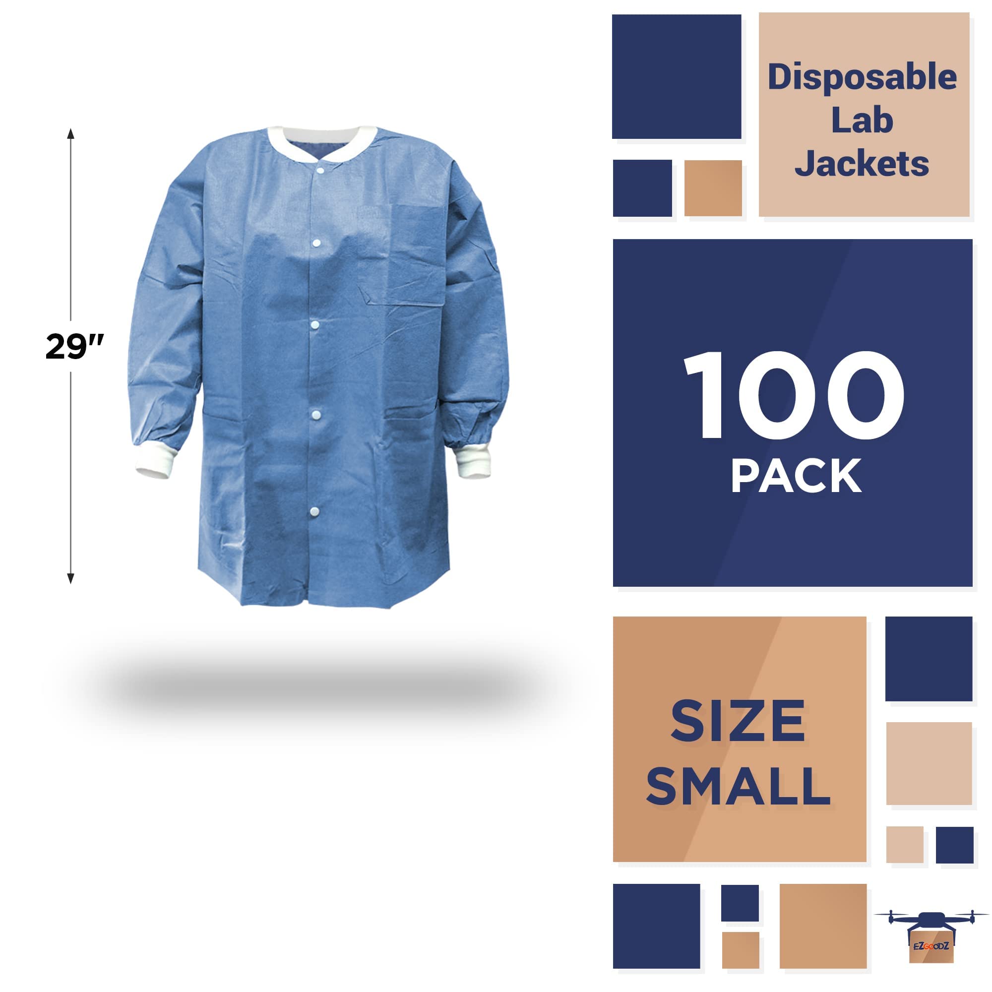 EZGOODZ Disposable Lab Coat - 29 Inch Length, Ceil Blue, Pack of 100 - SMS 50 GSM Unisex PPE Workwear with Snap Front, Knit Cuffs & 3 Pockets - Ideal for Medical Labs, Cleanrooms, Food Processing & Industrial Safety