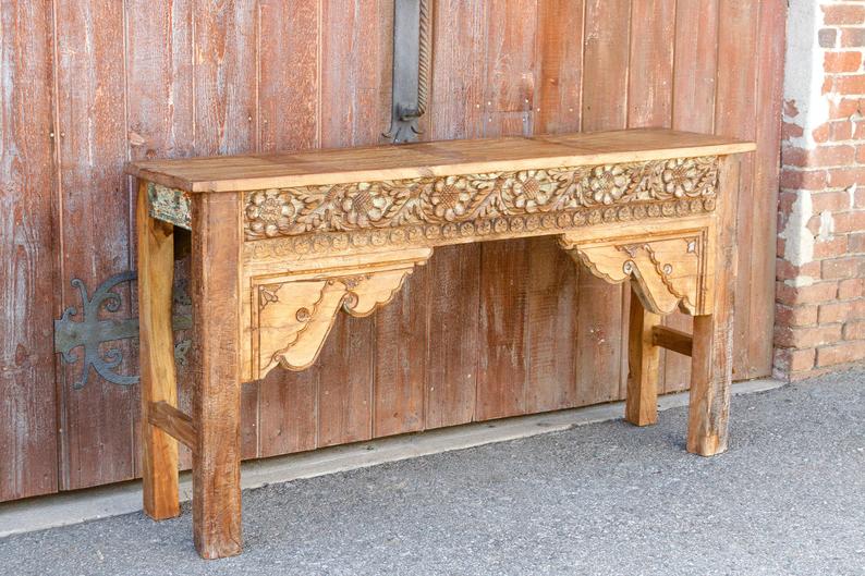 Hand Carved Floral Design Wooden Console Table - Antique Entryway Sofa Table for Hallway, Living Room & Bedroom Decor