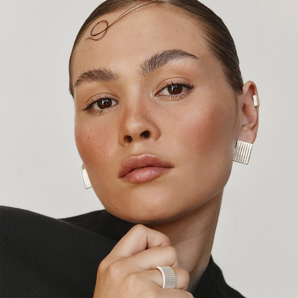 Silver Ribbed Square Stud Earrings for Women - Minimalist Geometric Jewelry for Everyday Wear & Gift Giving