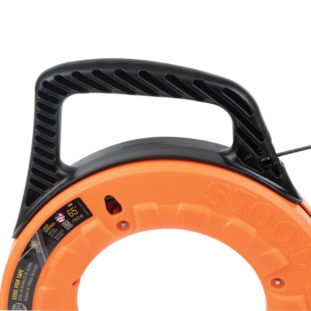 Klein Tools 56002 65-Foot Steel Fish Tape - 1/8-Inch Wide Electrical Wire Puller for Conduit with Laser Etched Measurements | Heavy Duty Wire Pulling Tool for Electricians & DIY Projects