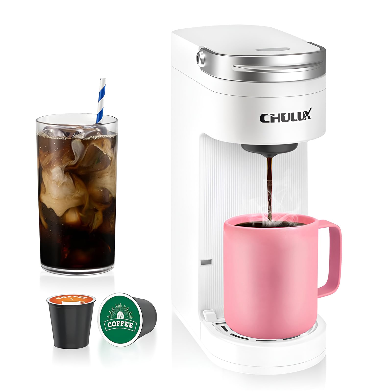CHULUX Slim Single Serve Coffee Maker for K-Cup Pods - Compact One Cup Coffee Machine Fits 7.3
