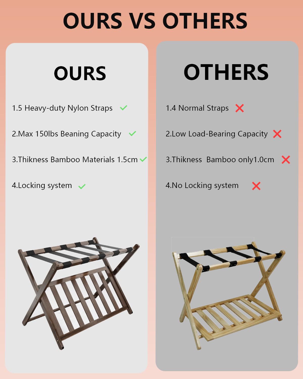 Foldable Bamboo Luggage Rack with Storage Shelf - 5 Nylon Straps for Secure Holding - Space-Saving Suitcase Stand for Guest Rooms, Bedrooms & Hotels - Perfect for Travel Storage & Home Organization (Brown)