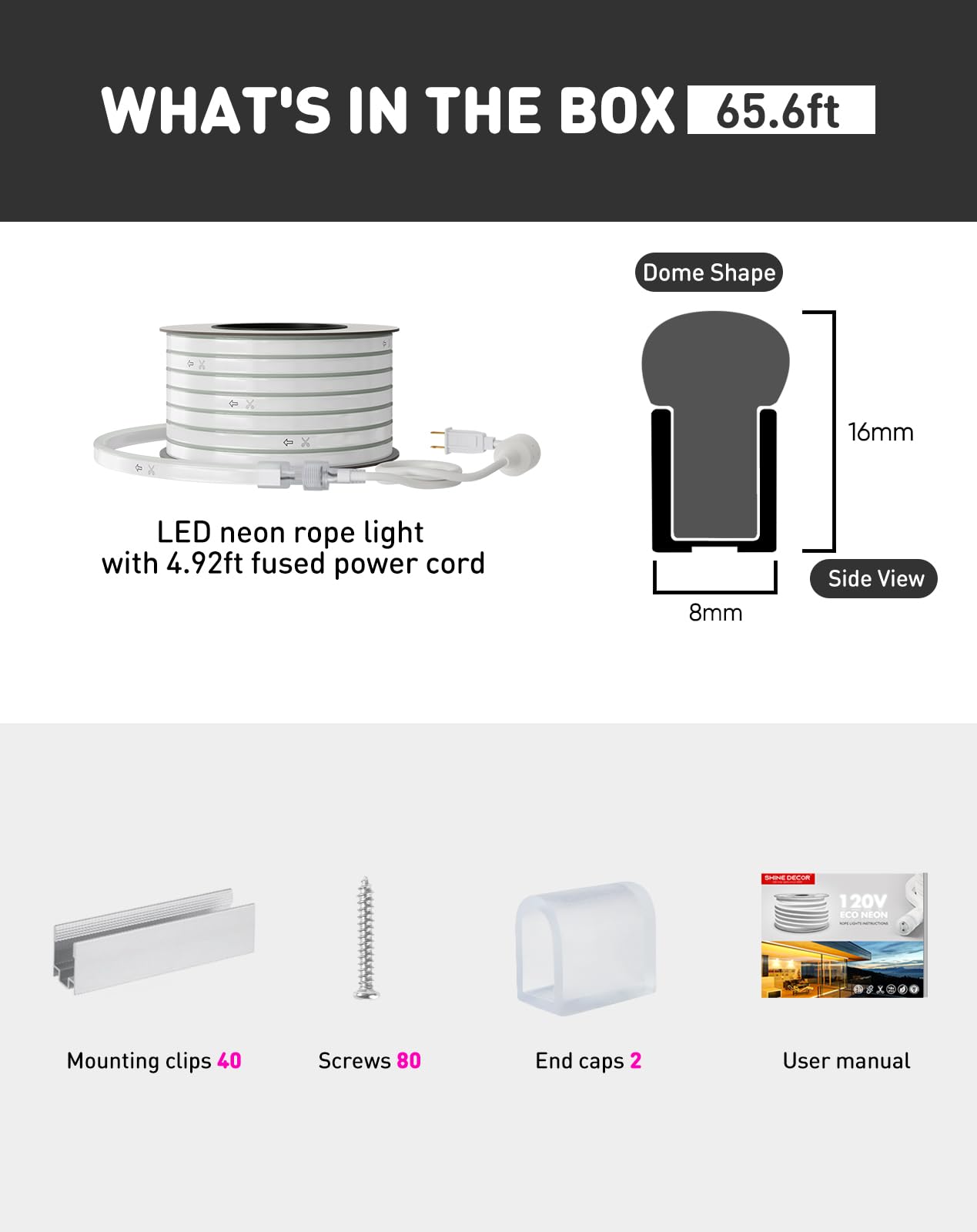 Shine Decor LED Rope Lights AC 120V - Connectable & Cuttable Dotless 120LEDs/M Eco Neon Strip Lighting, ETL Certified IP65 Waterproof & Weather-Resistant - 2600K Warm White 65.6FT for Indoor/Outdoor Home & Commercial Use - Perfect for Bedroom, Garden, Party, Wedding & Holiday Decorations