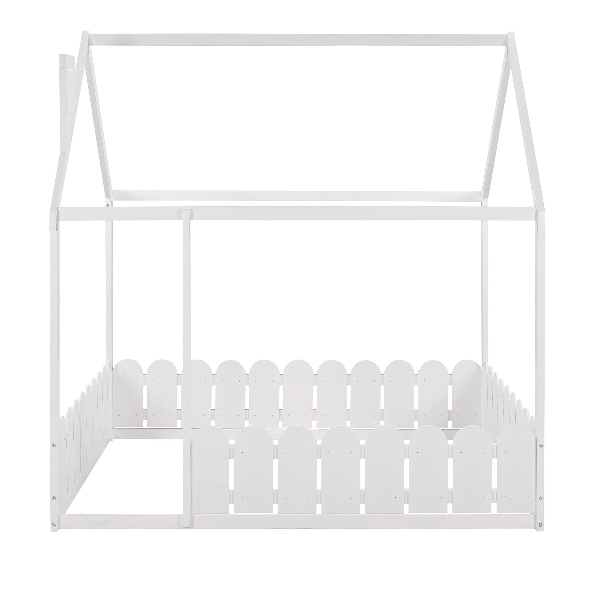 **Kids House Bed with Fence-Shaped Guardrails - Twin Size Floor Bed for Toddlers, Teens, Boys & Girls - High Weight Capacity - Full White - Perfect for Bedrooms, Playrooms & Montessori Spaces**