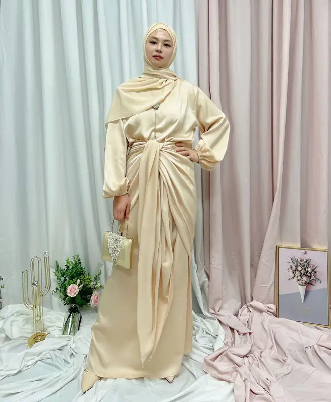 Elegant Satin Abaya Dress with Midi Wrap - Modest Muslim Women's Prayer Dress for Eid, Ramadan & Special Occasions