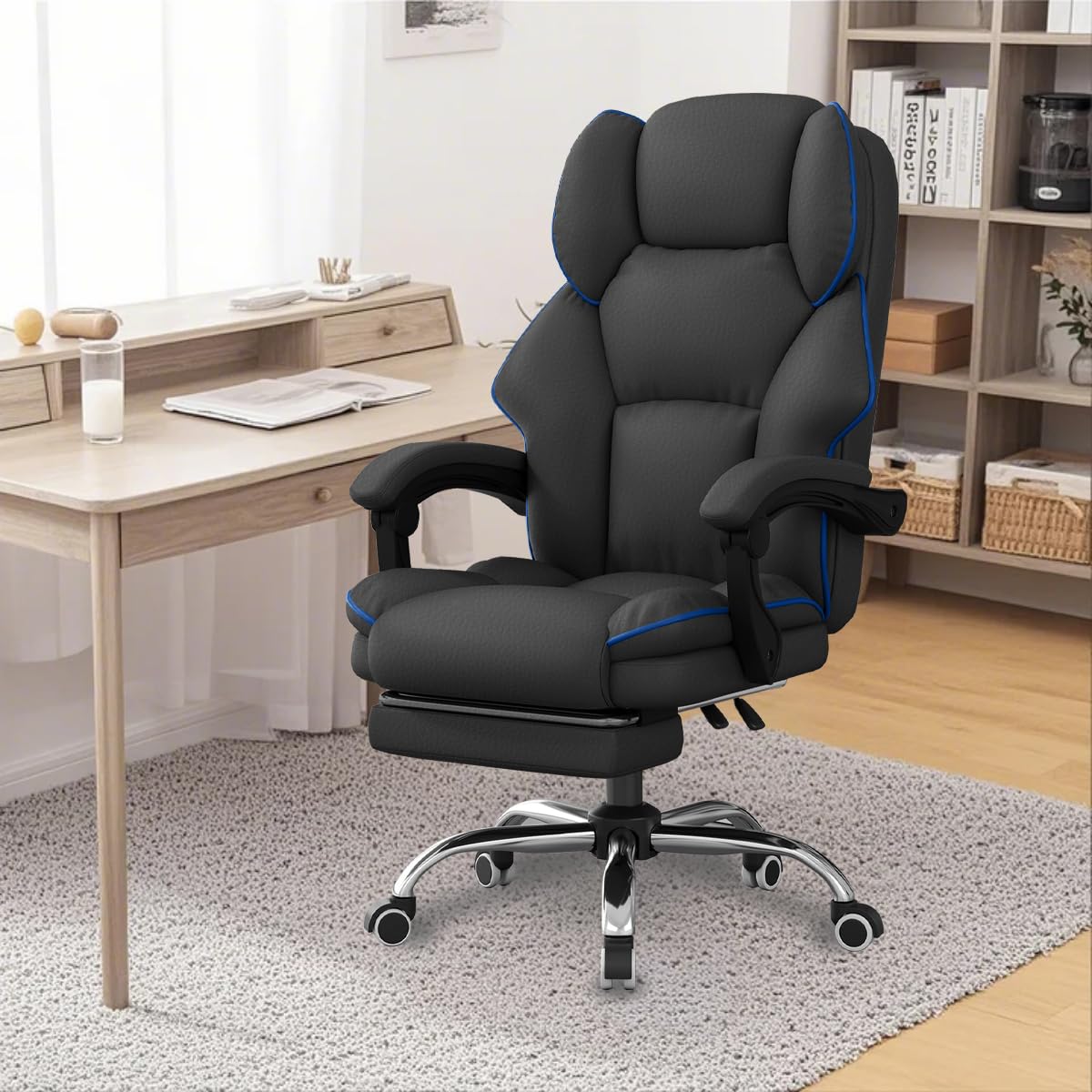 Ergonomic Reclining Office Chair with Footrest - High Back Executive Desk Chair for Gaming & Work, Comfortable Leather Computer Chair with Wheels - Perfect for Home Office, Gaming Setup & Workspaces
