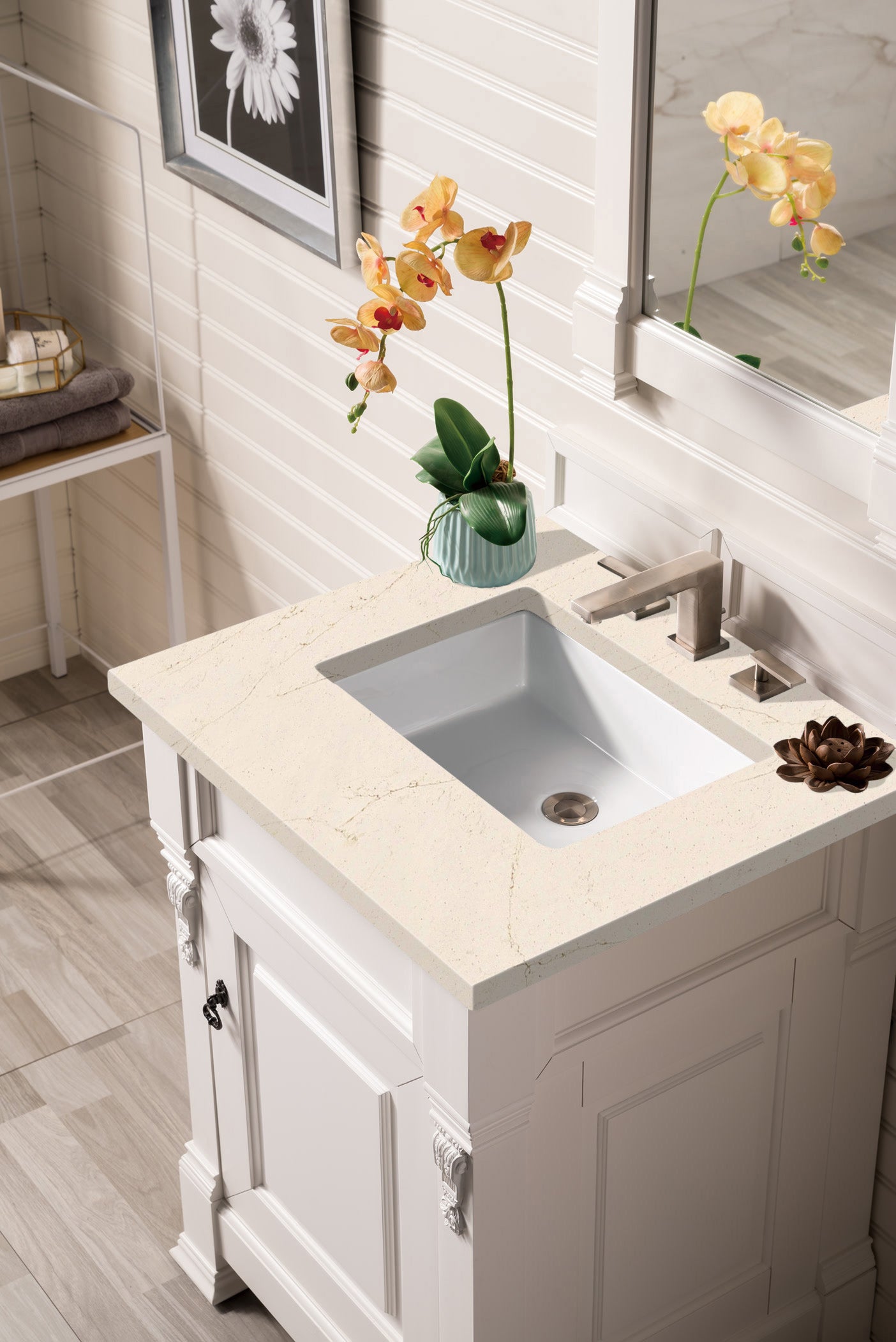 Brookfield 26 Inch Single Bathroom Vanity Set with Bright White Finish & 3CM Eternal Marfil Quartz Countertop - Perfect for Modern Bathroom Renovations and Small Space Solutions