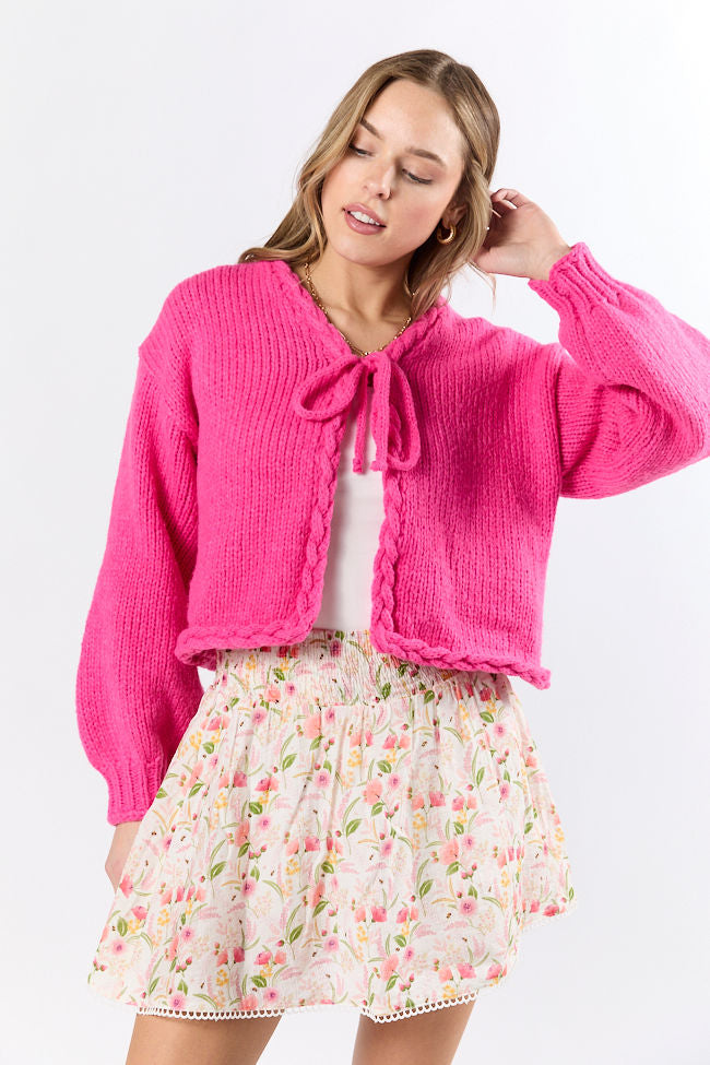 Limitless Love Hot Pink Braided Trim Tie Front Cardigan | Cozy Knit Sweater for Women | Perfect for Date Nights & Casual Outfits