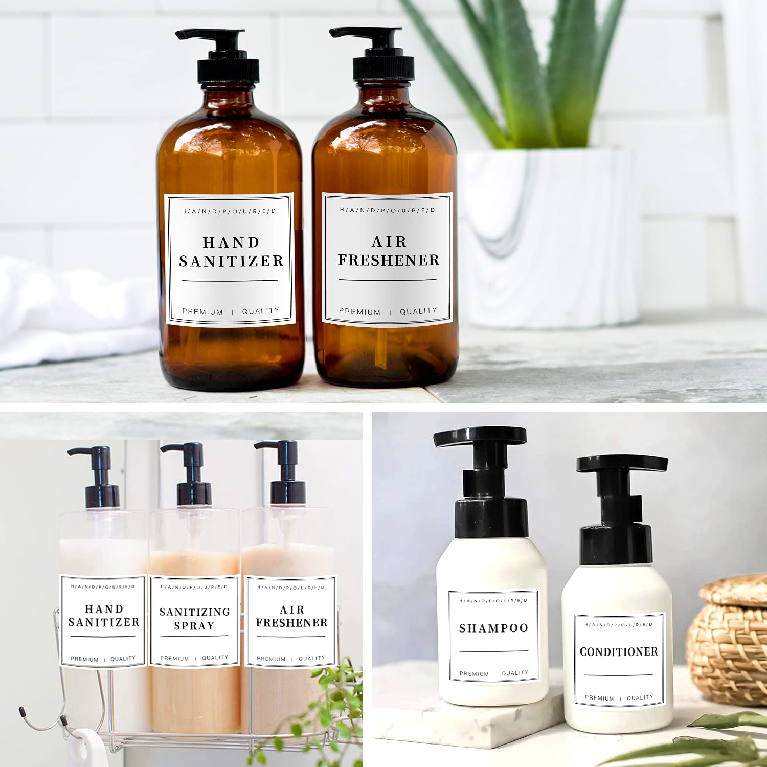 24 Pack White Waterproof Removable Labels for Bottles - Shampoo, Conditioner, Hand Soap Dispenser Stickers - Perfect for Glass & Plastic Spray Bottles - Ideal for Bathroom Organization & Cleaning Supplies Storage
