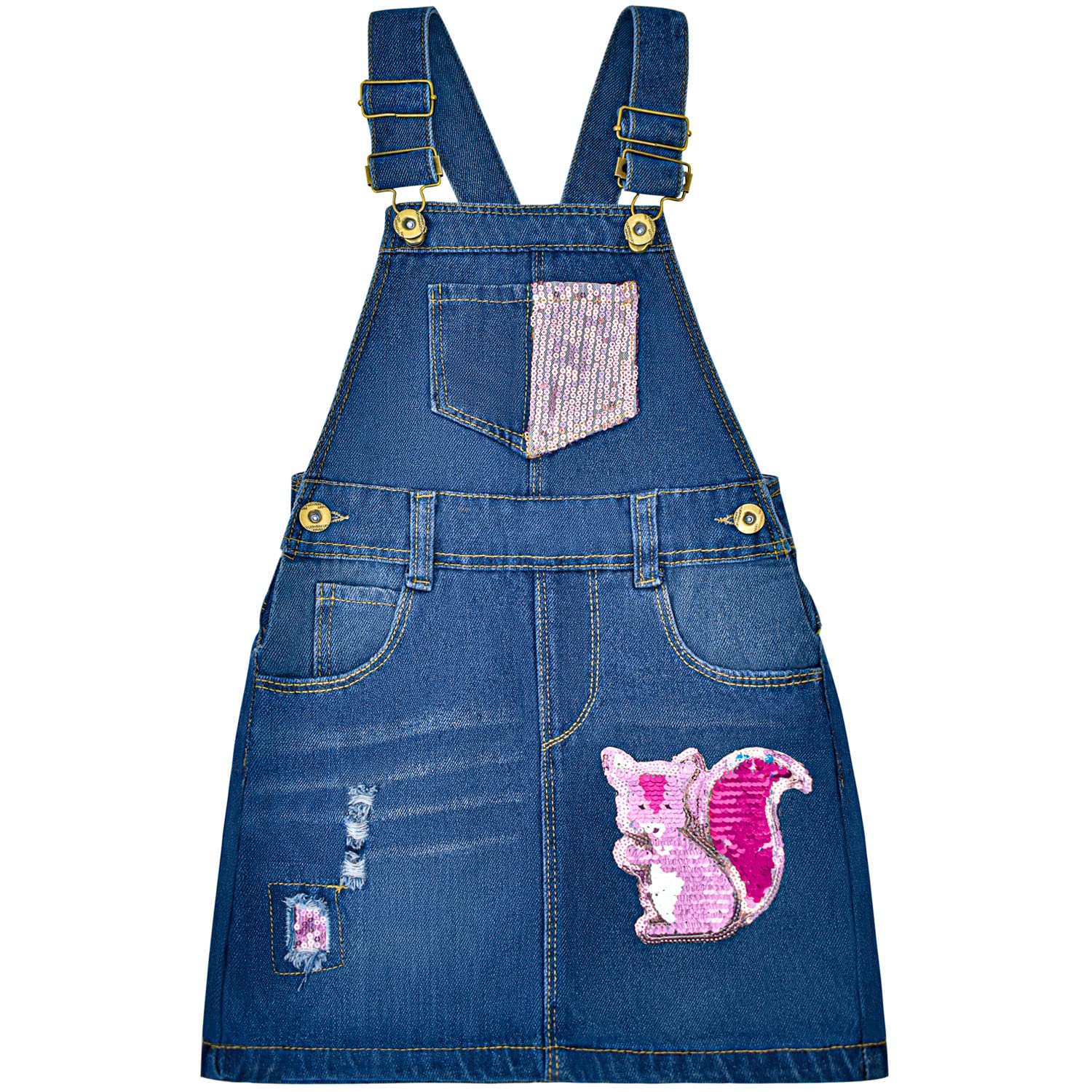 Peacolate Summer Denim Overalls Dress for Girls – Flip Sequins & Embroidery Design, Pink Squirrel Bib Skirt – Perfect for Playdates, Parties & Outdoor Adventures