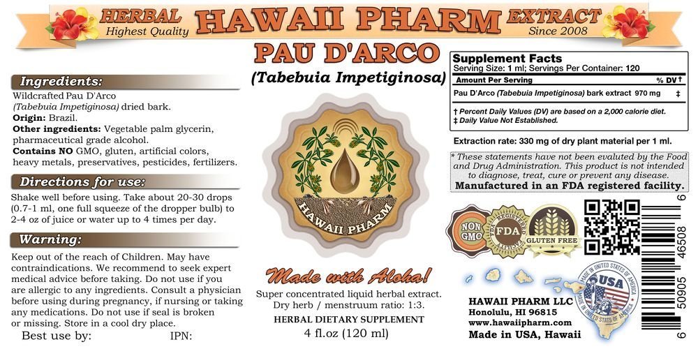 Organic Pau d'Arco (Tabebuia impetiginosa) Liquid Extract Tincture - 100% Natural Herbal Supplement for Immune Support - Made in USA by Hawaii Pharm - 32 fl oz - Perfect for Daily Wellness & Detox Routines