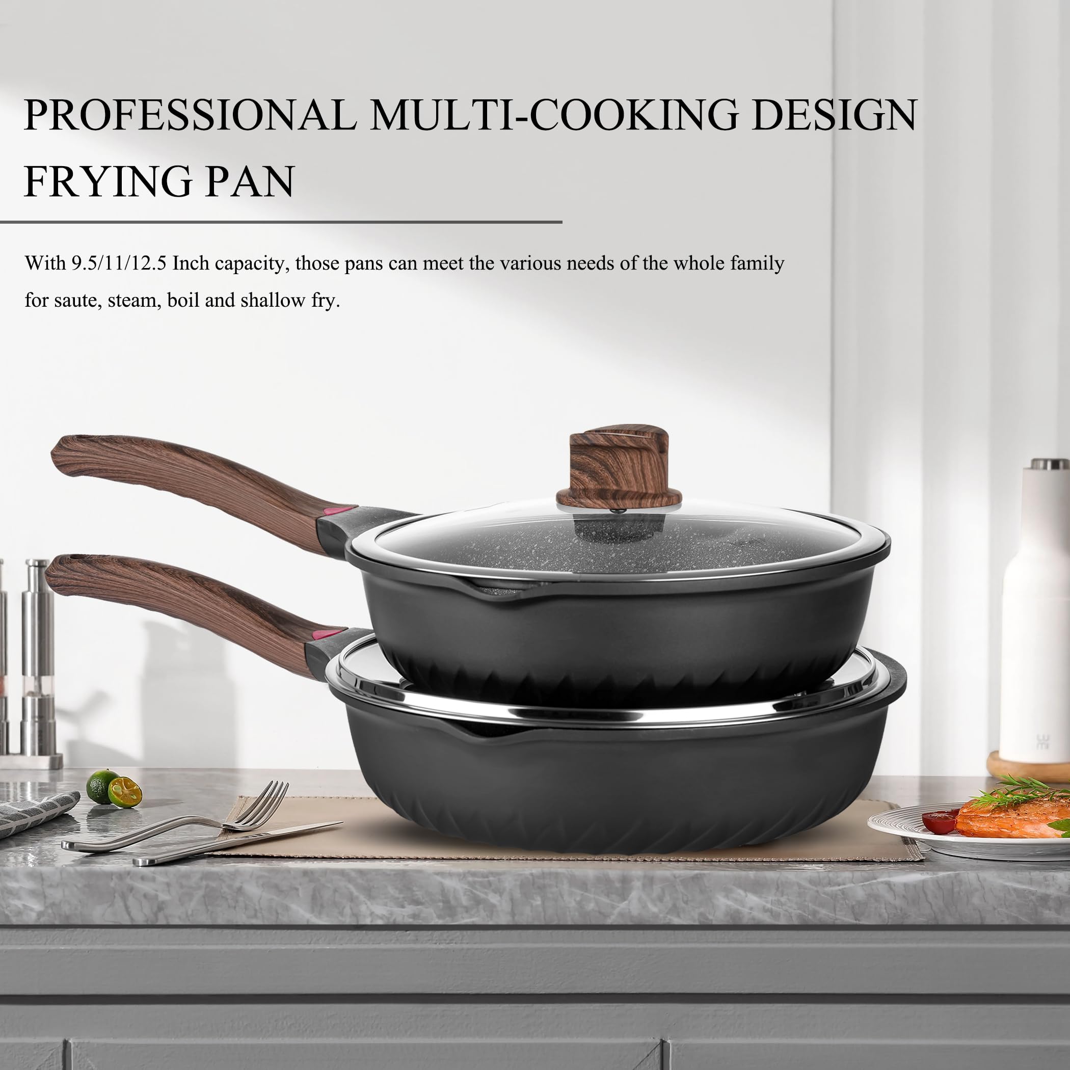 VINCHEF 12-Piece Nonstick Cookware Set - Induction Compatible Pots & Pans with Stay-Cool Handles, Frying Pans, Saute Pan with Lid, Silicone Utensils & Pot Protectors - PFAS & PFOA Free - Perfect for Home Cooking, Professional Kitchens & Everyday Meal Prep