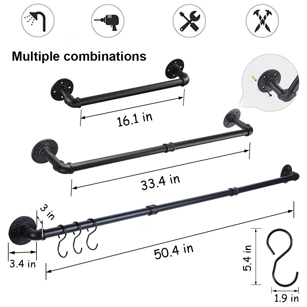 50.4 Inch Wall Mounted Pot Rack with 15 S Hooks - Industrial Kitchen Pot and Pan Hanging Rail Organizer, Black - Perfect for Small Kitchens, RV Cooking & Space-Saving Storage
