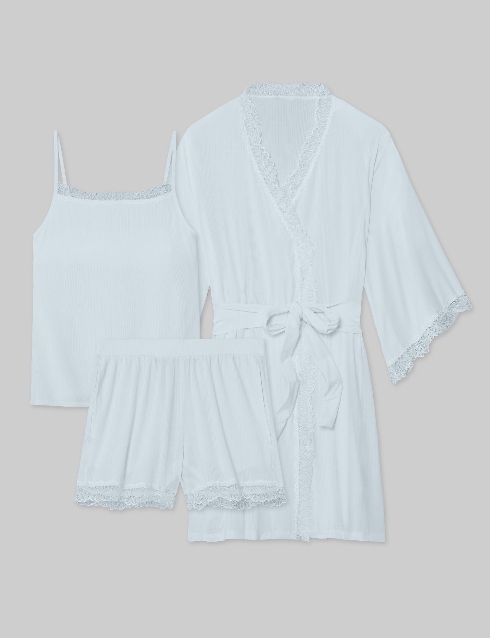 Women's Second Skin Luxe Rib Lace Cami Top, Shorts & Robe Set - Soft Comfortable Lounge Wear for Sleepwear, Bridal Shower & Relaxing at Home