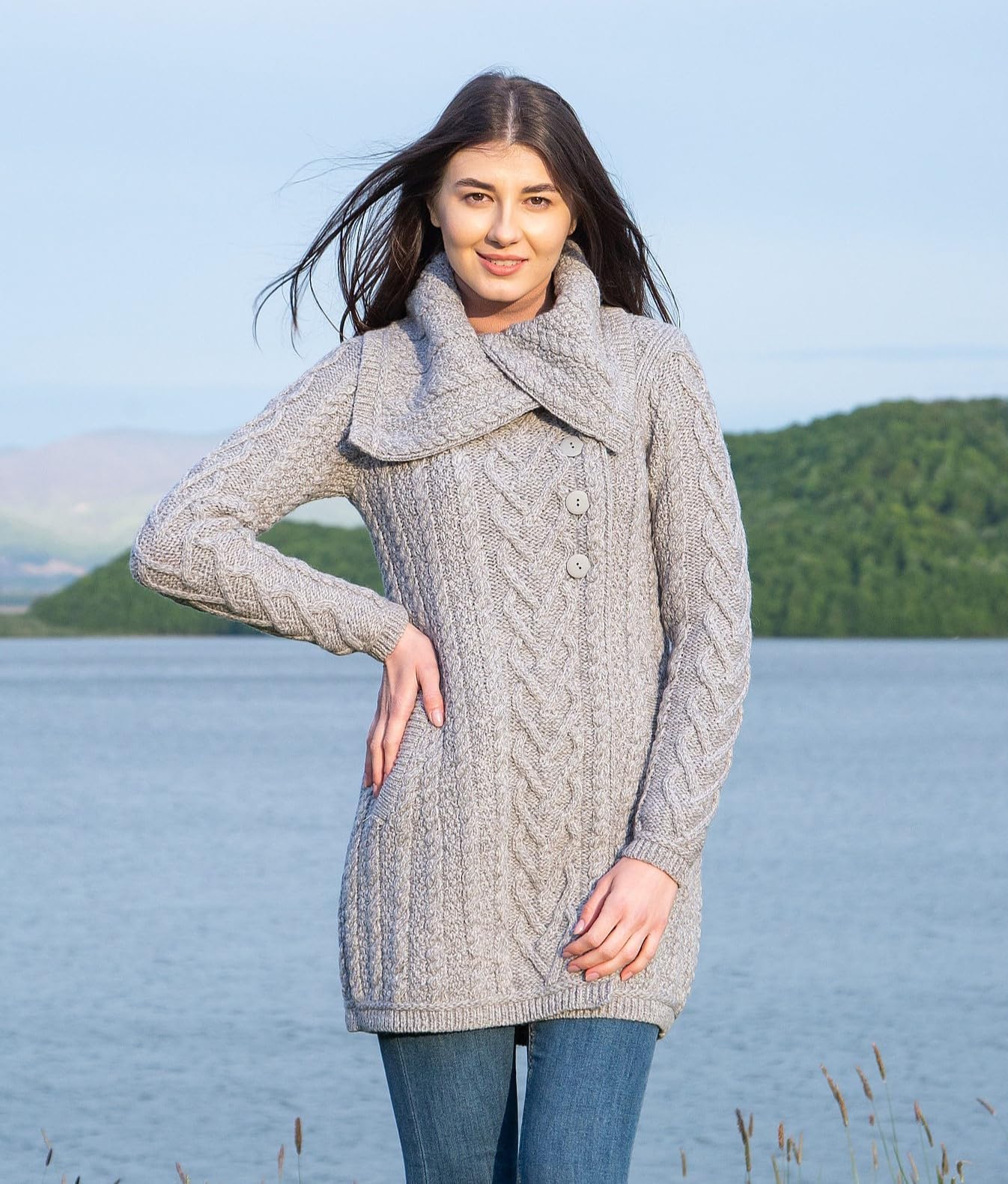 SAOL 100% Merino Wool Women's Classic Cable Knit Cardigan Sweater - Irish Coat with Pockets | Warm Winter Layering for Office, Travel & Casual Outfits