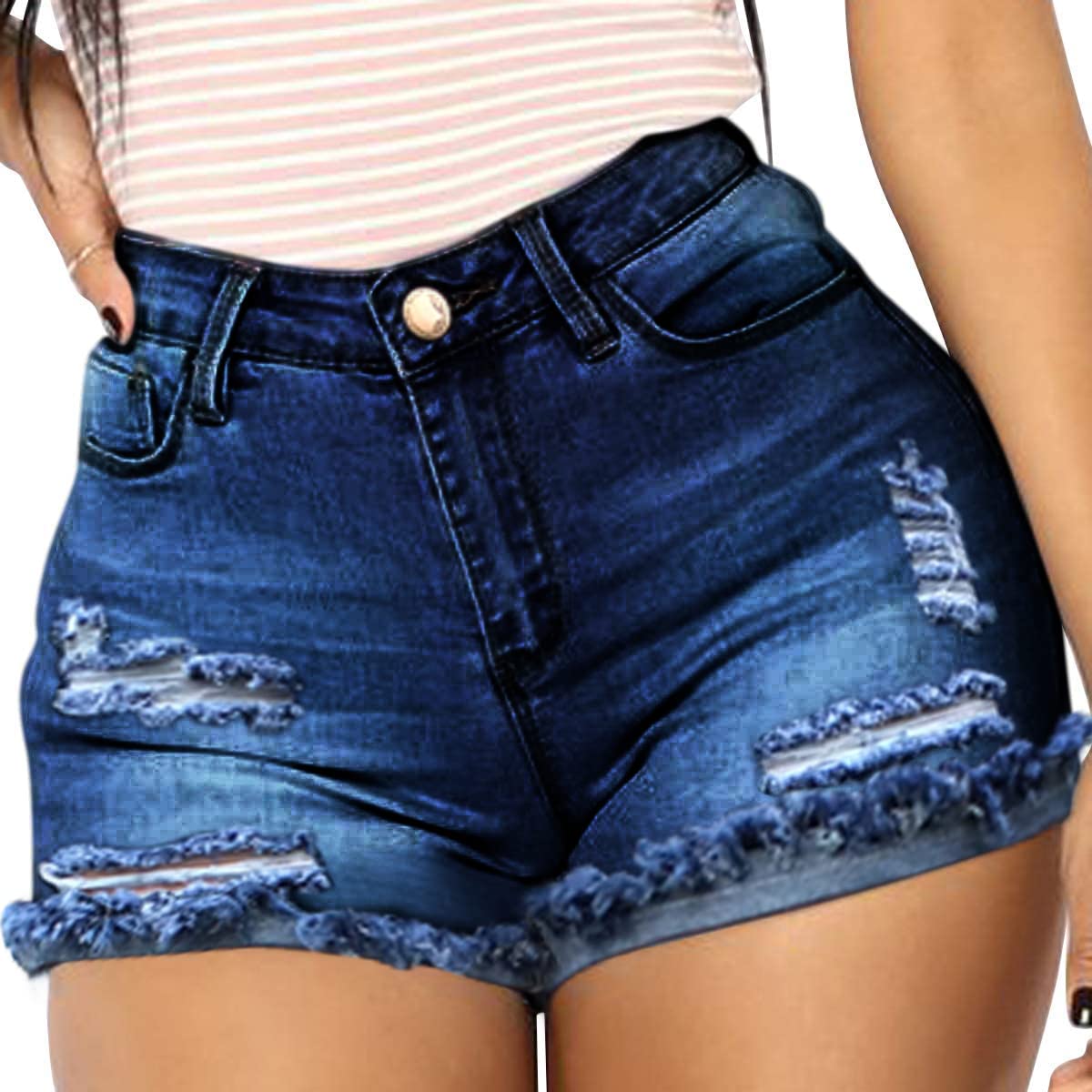 Vanberfia Women's Stretchy Denim Mid Rise Jean Shorts with Pockets - Comfortable High Waist Denim Shorts for Summer, Casual Wear, Beach & Outdoor Activities