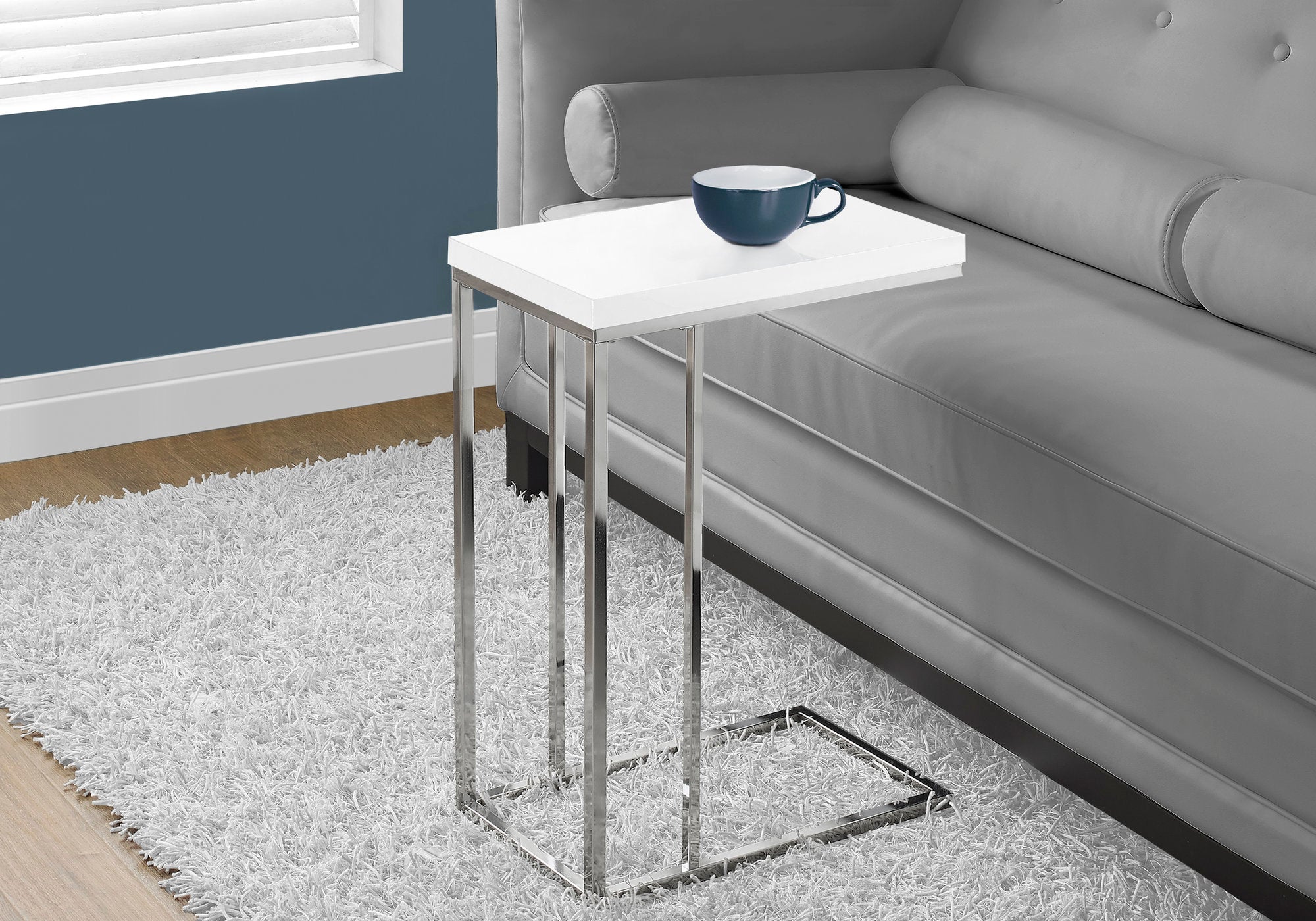 Modern Glossy White Accent Table with Chrome Metal Legs - Perfect for Living Room, Bedroom, or Office Decor