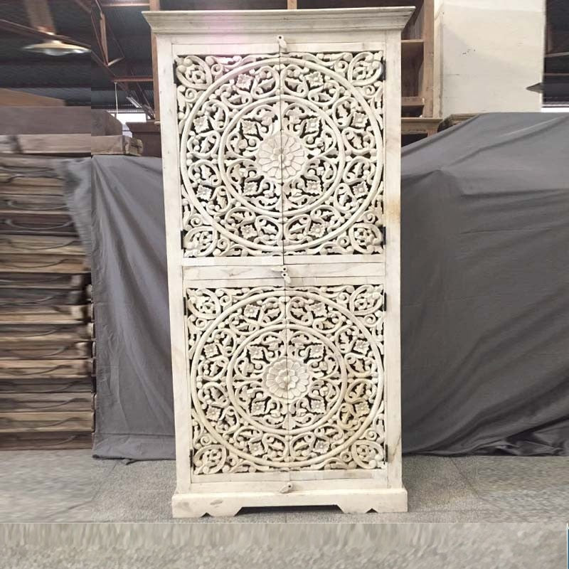 Exquisite Hand-Carved Indian Solid Wood Cabinet with Ornate Doors - Perfect for Living Room Storage, Bedroom Decor & Vintage Home Furnishings