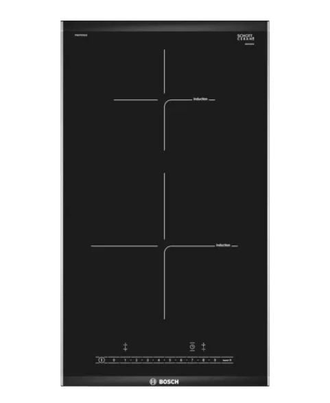 Bosch Series 6 DWB98JQ50B 90cm Wall Mounted Cooker Hood + Series 8 PRB3A6B70K 30cm Domino Gas Hob Ceramic Black + Series 2 PKF375CA2E 30cm Domino Electric Hob Black - Modern Kitchen Cooking Solution for Home Chefs