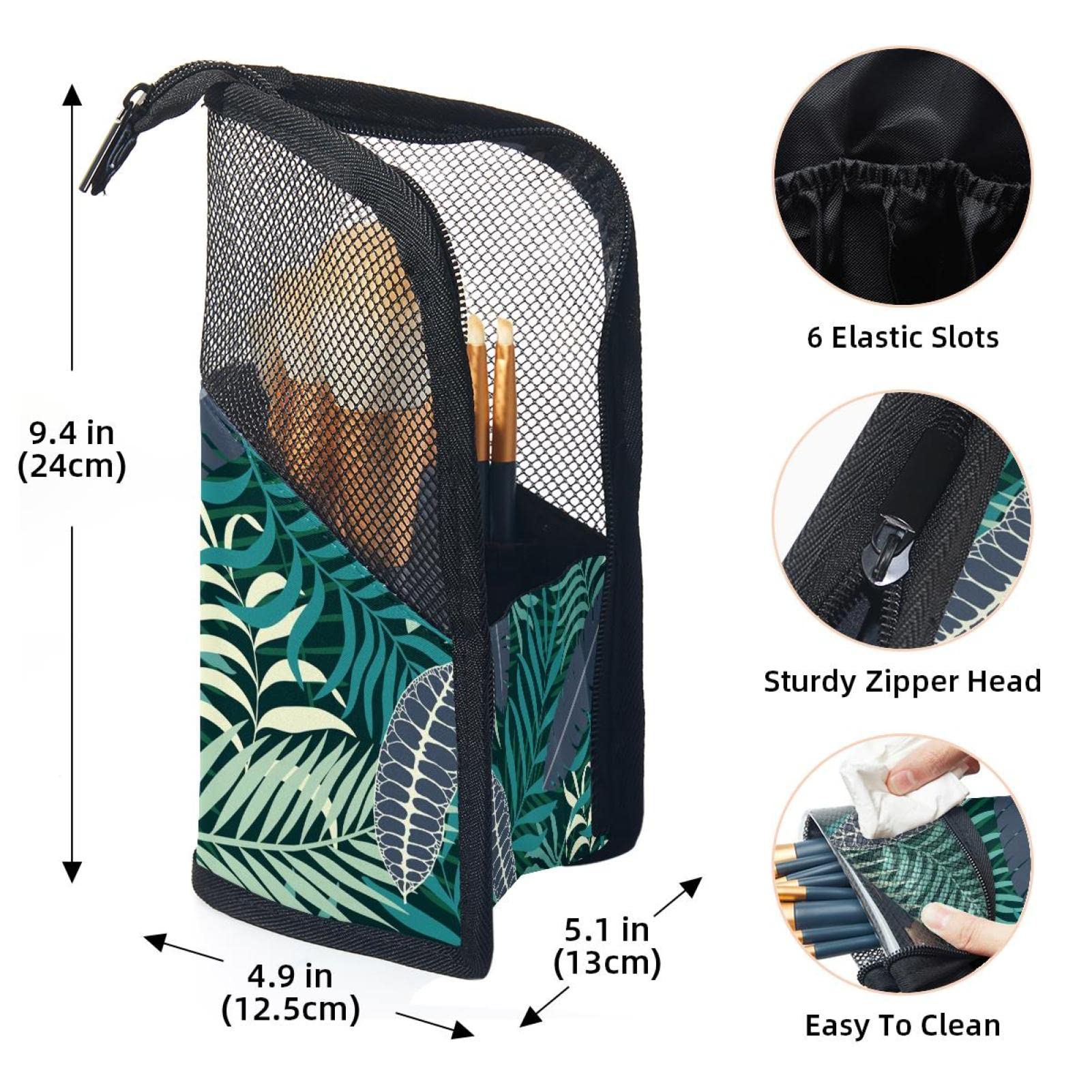 Premium 12-Slot Makeup Brush Organizer Bag - Tropical Leaves Green & Gray Portable Travel Case | Perfect for Makeup Artists, Travel & Home Storage