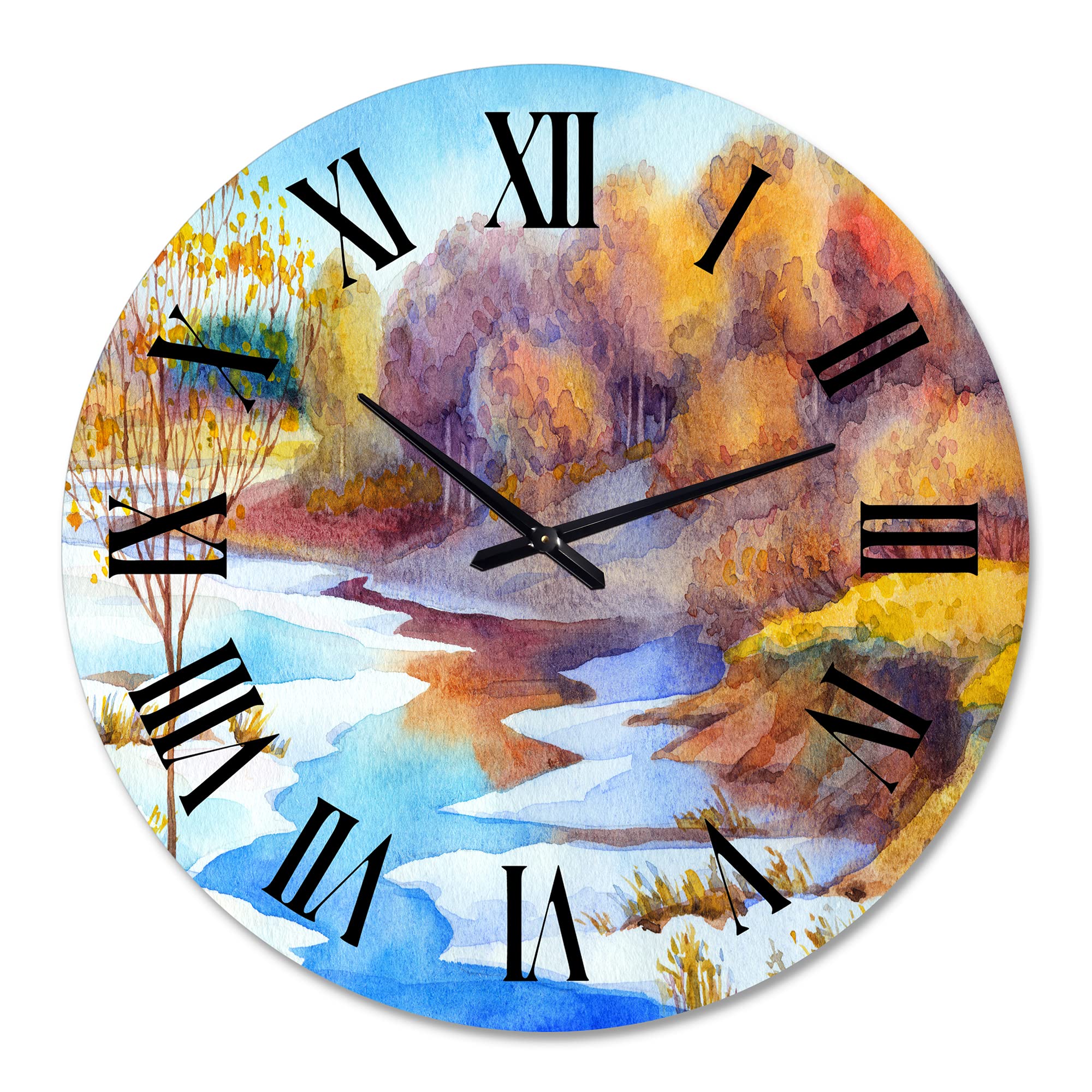 DesignQ Lake House Wall Clock 'Stream in Winter Forest Valley' - Large Landscape & Nature Wall Clock for Living Room, Bedroom, Office Decor - Perfect for Rustic, Farmhouse & Modern Home Interiors