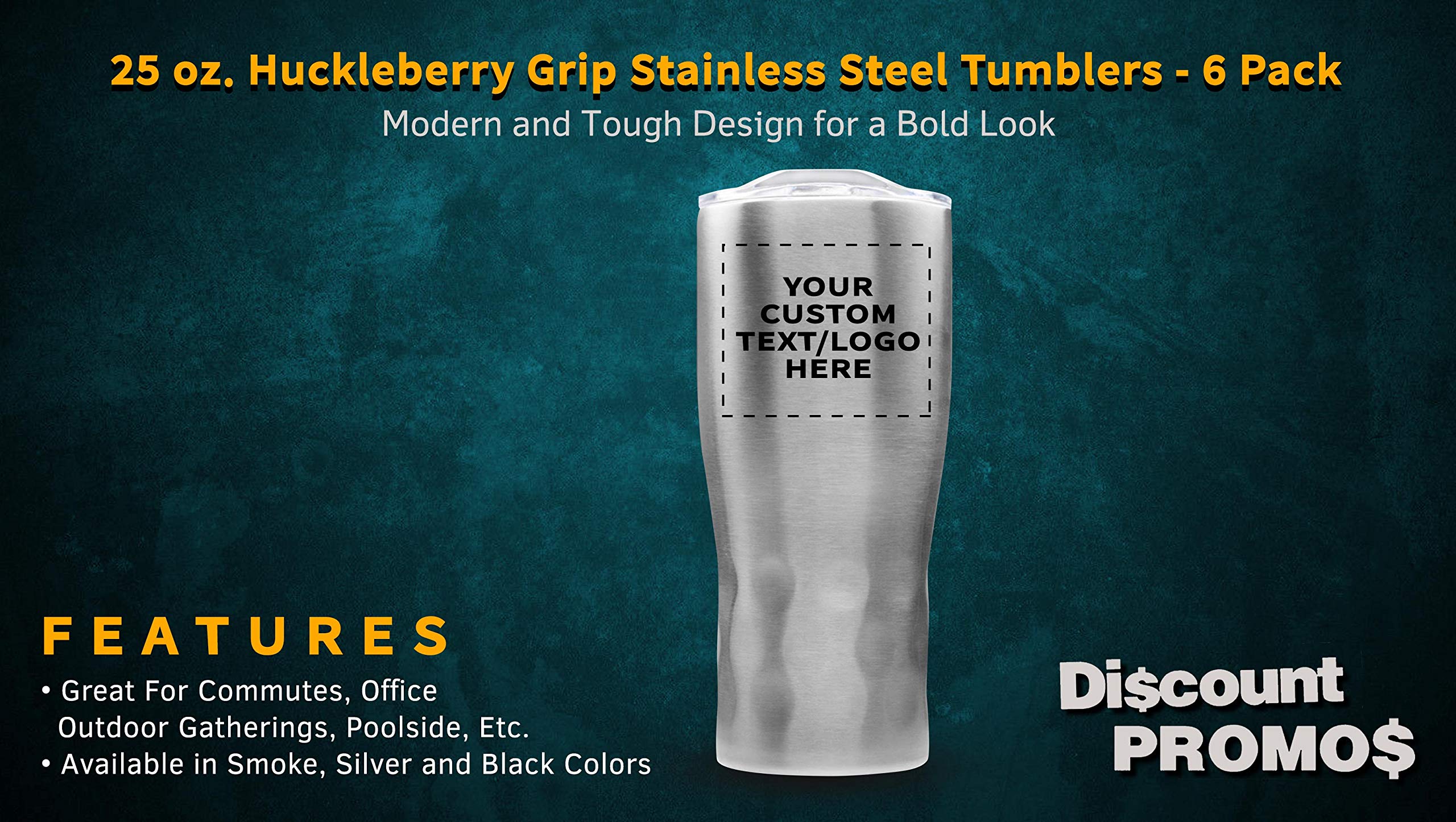 Personalized 25 oz Stainless Steel Tumbler with Huckleberry Grip - 6 Pack Custom Cups for Coffee, Tea & Cold Drinks - Engraved Text/Logo - Silver - Perfect for Office, Gym & Outdoor Activities