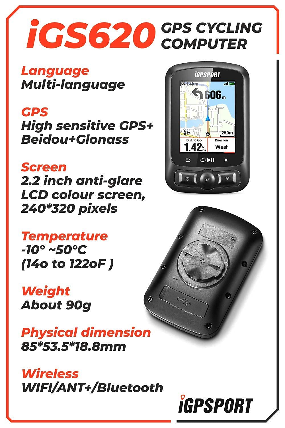 iGPSPORT iGS620 GPS Wireless Bike Computer with Bluetooth, ANT+, SMS & Call Alerts - Waterproof Cycling Computer with Map Navigation & Multi-Tool Bundle - Perfect for Road Biking, Mountain Cycling & Outdoor Adventures