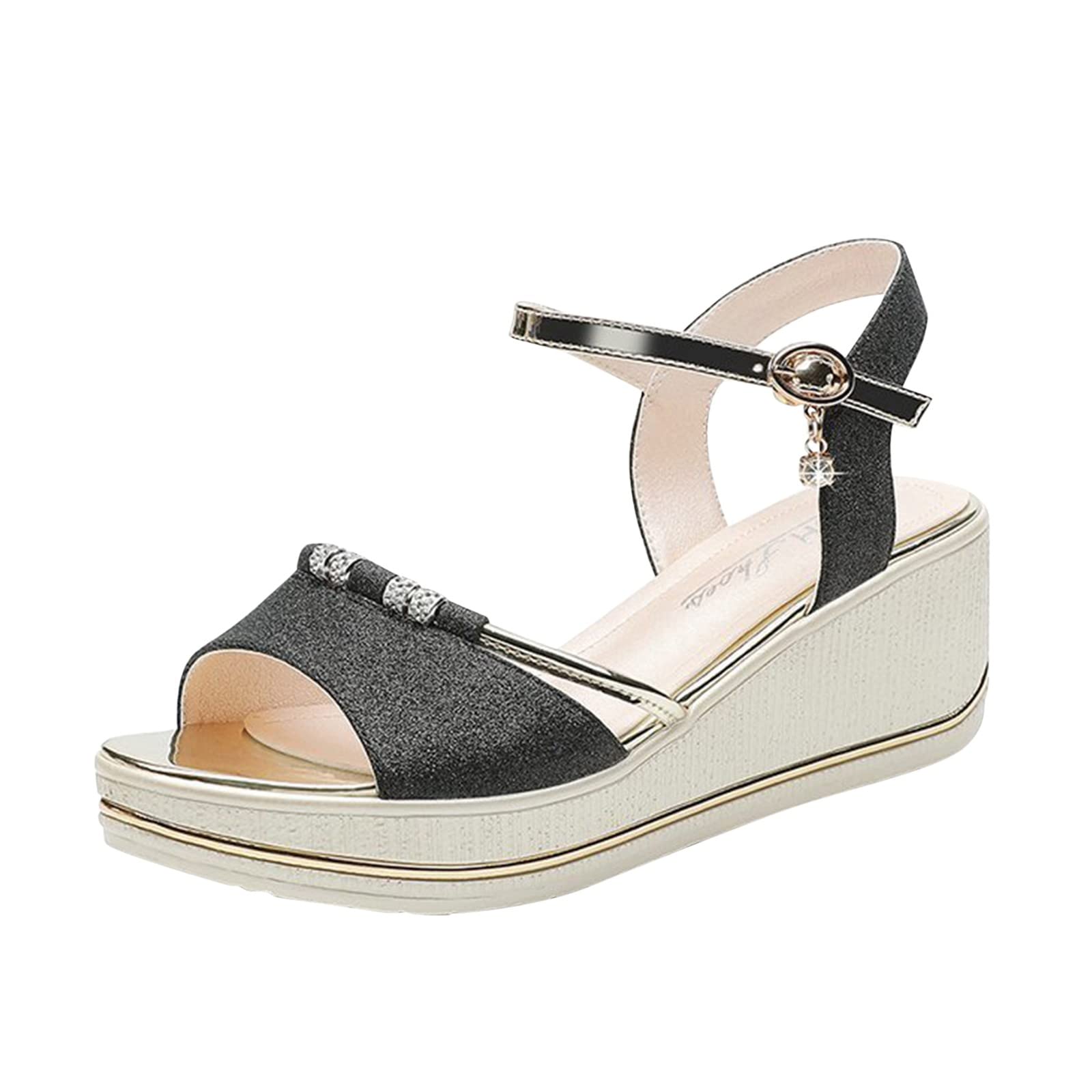 Stylish Women's Summer Rhinestone Sequin Platform Wedge Sandals with Buckle Closure - Elegant Dressy Casual Shoes for Beach, Party & Wedding Occasions