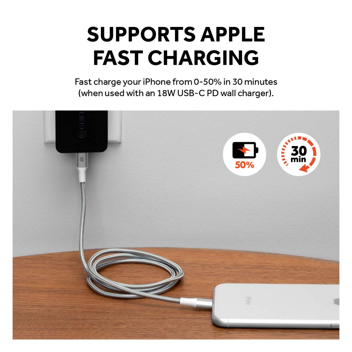 Premium Griffin USB-C to Lightning Cable 5FT - Fast Charging & Sync for iPhone 14/13/12/11/X/8, iPad & AirPods | MFi Certified | Durable Silver Braided Cord | Perfect for Home, Office & Travel Charging