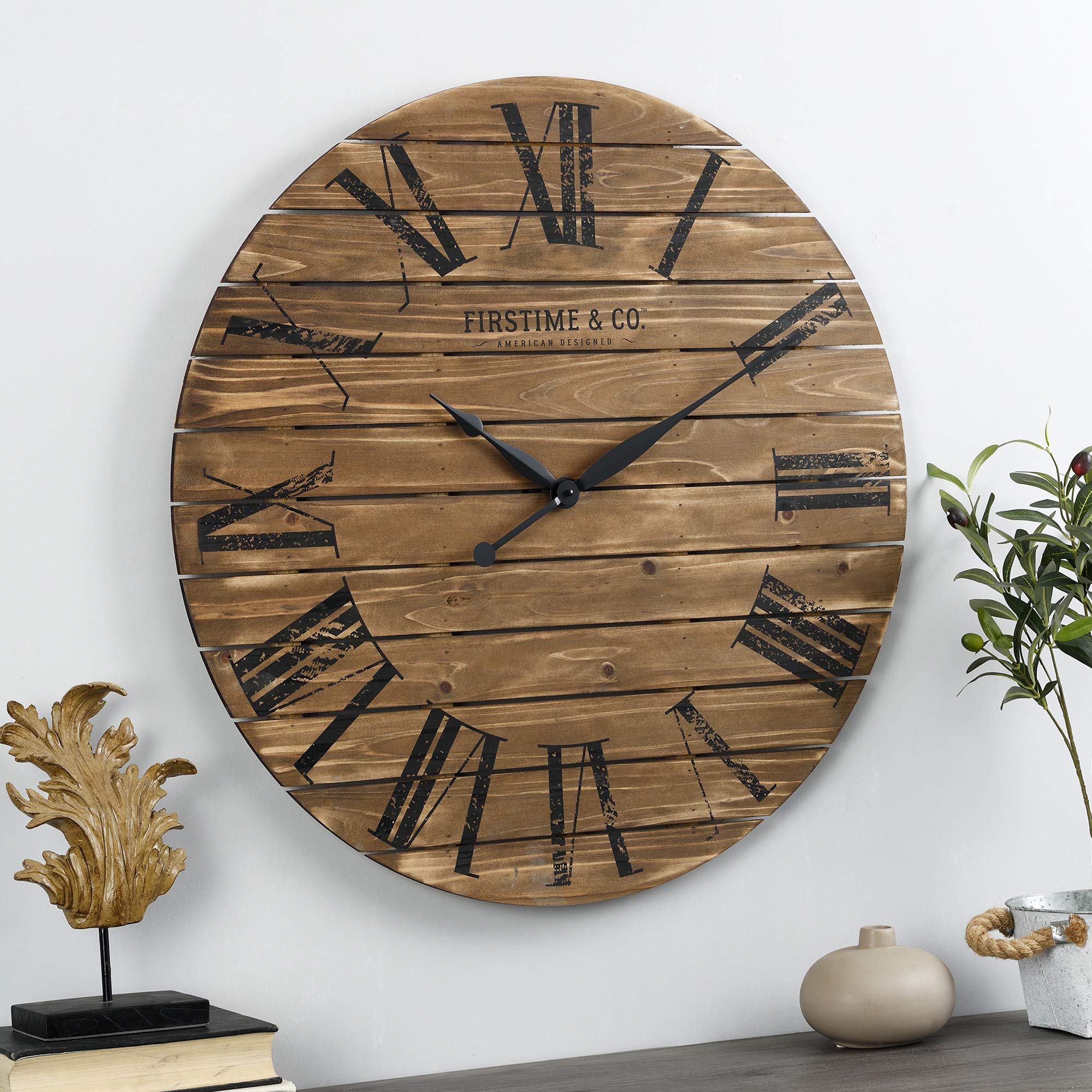 FirsTime & Co. Extra Large 29-inch Rustic Brown Wooden Wall Clock - Vintage Farmhouse Decor for Living Room & Home Office - Perfect for Rustic, Industrial & Boho Home Decor Styles