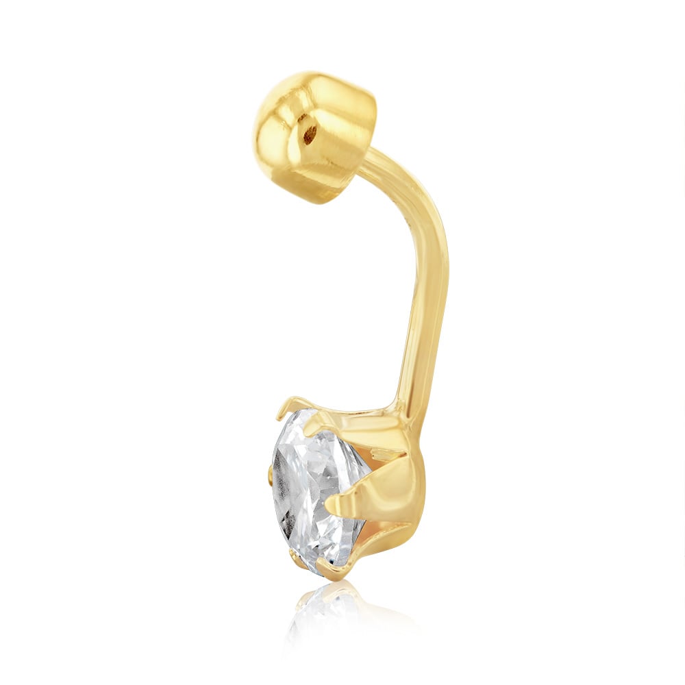 9ct Yellow Gold 6mm Round Cubic Zirconia Belly Ring - 6 Prong Claw Setting for Secure Wear - Perfect for Navel Piercing, Beach Parties & Everyday Fashion