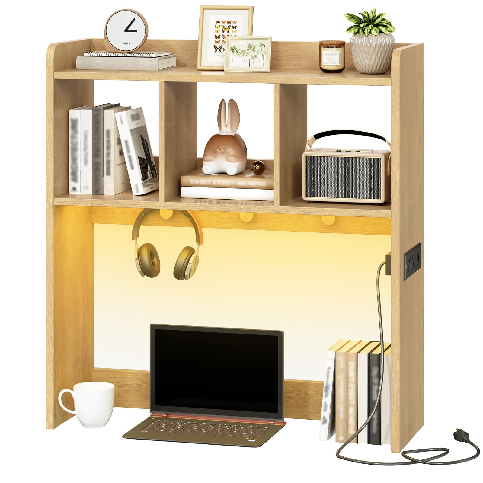 HOOBRO Wooden Desktop Bookshelf with LED Light Strip & 3 Hooks - Office Desk Organizer with Built-in Outlets - Perfect for Home Office, Study Room & Workspace Organization (Natural NL12UDSJ01)