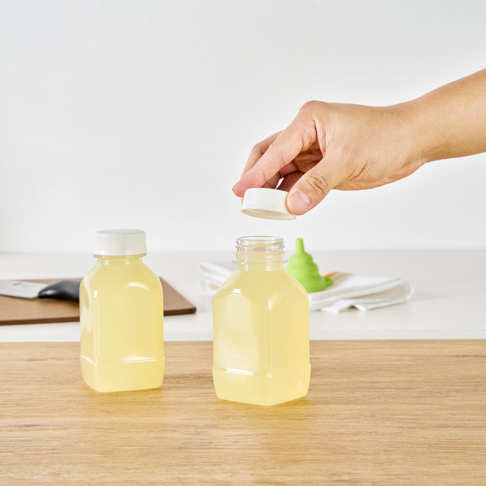 8oz Clear Plastic Juice Bottles with White Caps - 100 Pack Disposable Square Bottles for Juicing, Smoothies & Beverages | Perfect for Juice Bars, Coffee Shops, Restaurants & Catering Services | Leak-Proof, BPA-Free, Commercial & Home Use