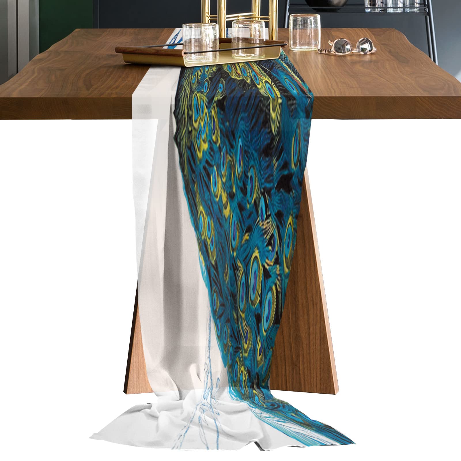 27x120 Inches Romantic Wedding Table Runner - Elegant Sheer Chiffon with Blue Peacock Design for Bridal Shower, Baby Shower & Birthday Party Decor | Perfect for Cake Tables, Buffets & Dining Room Centerpieces