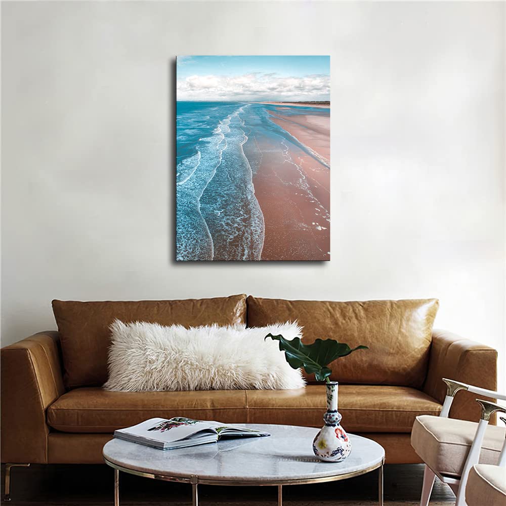 Blue Sea Sunset Beach Painting on Canvas - Framed Wall Art Decor (24x36 inch/60x90 cm) for Living Room, Bedroom & Office | Coastal Seascape Mural Prints
