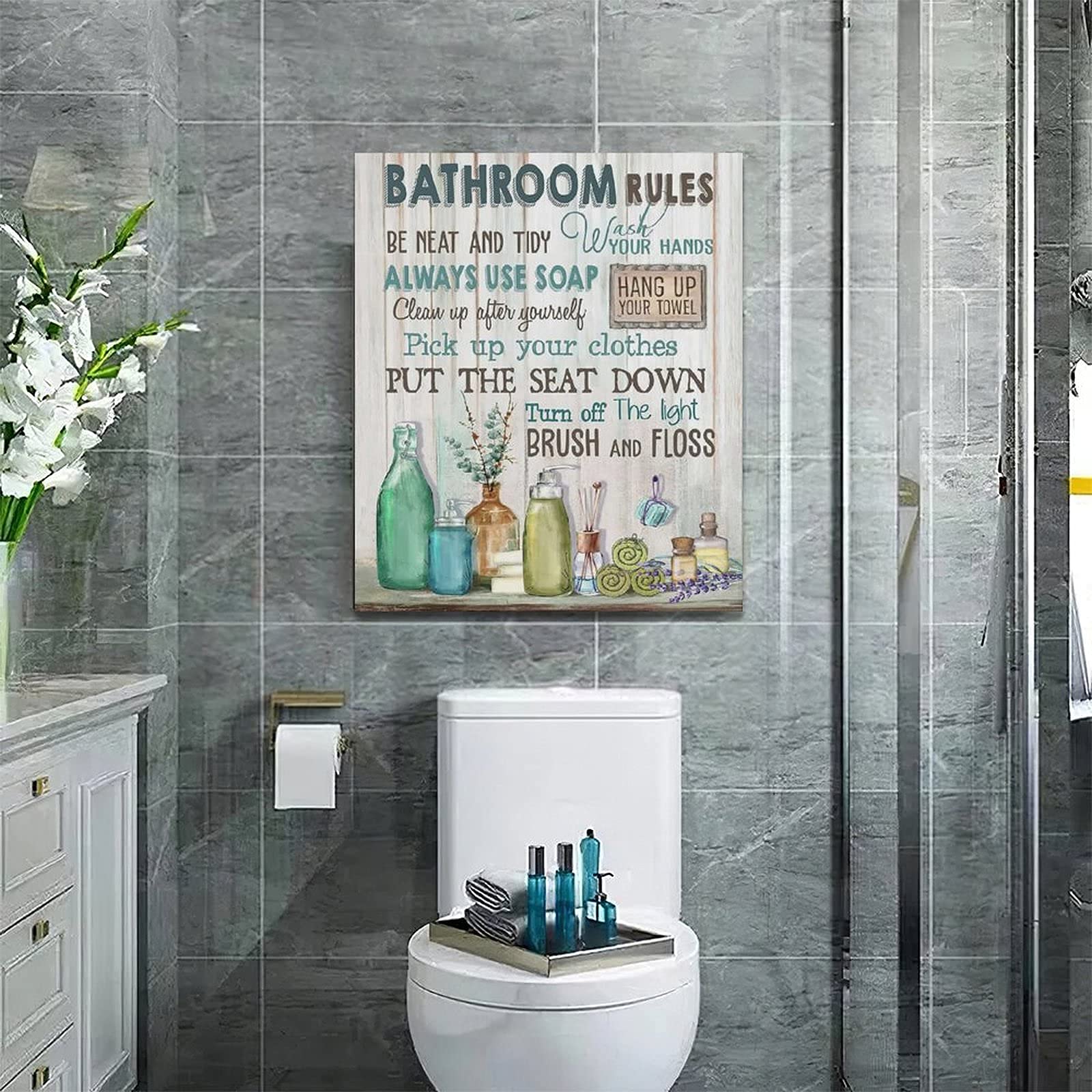 Rustic Bathroom Wall Art Decor - Framed Canvas Prints with Wood Background for Modern Farmhouse, Bath & Laundry Room | Bathroom Rules Signs & Pictures for Home Decoration | Perfect for Spa-Like Retreats & Cozy Farmhouse Style
