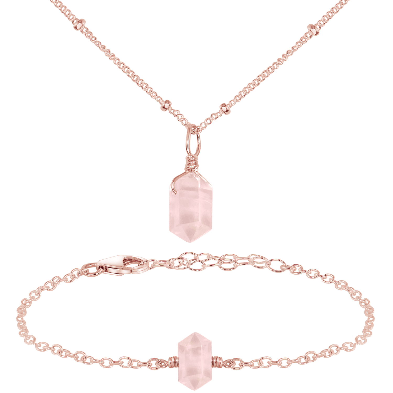 Rose Quartz Double Terminated Crystal Jewelry Set - Healing Stone Necklace & Earrings for Women - Perfect for Meditation, Energy Healing & Spiritual Gifts