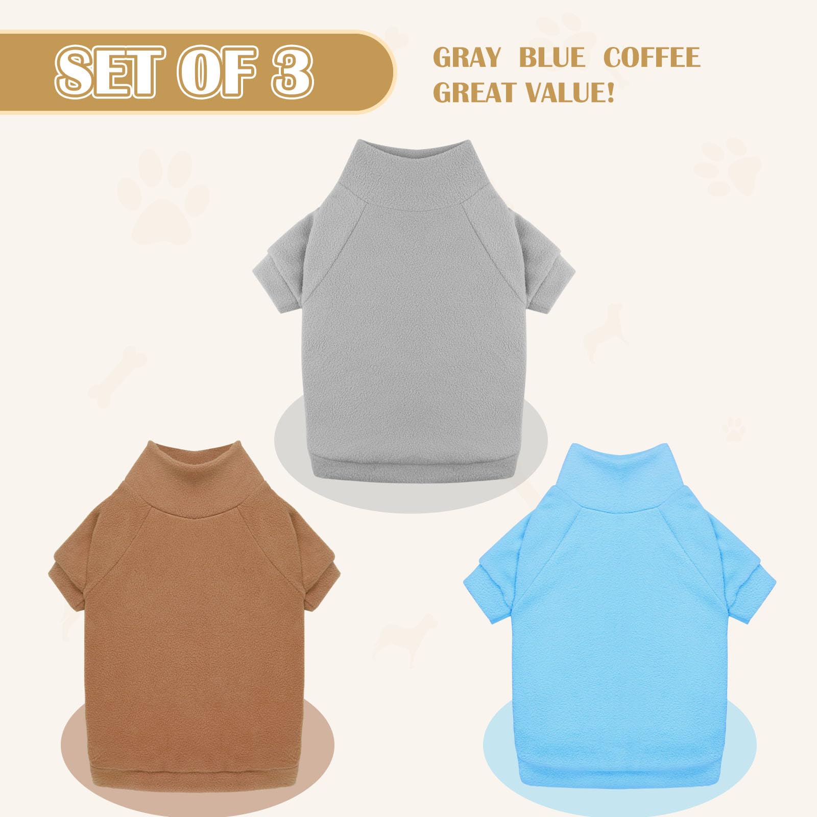 3 Pack Fleece Dog Sweaters for Medium Dogs - Soft Warm Turtleneck Pet Sweatshirt for Small to Medium Breed Dogs (Gray, Blue, Coffee) - Perfect for Winter Walks & Indoor Comfort
