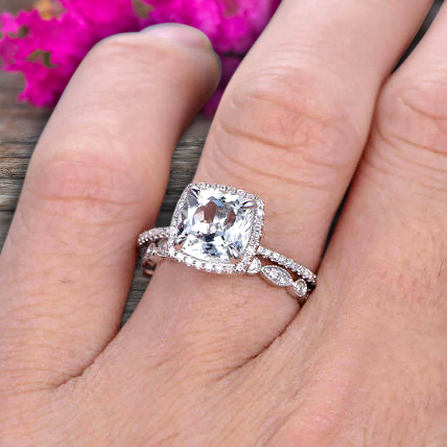 1.75 Carat Cushion Cut Vintage Aquamarine Engagement Ring with Wedding Band in 10k White Gold - Perfect for Proposals, Anniversaries & Bridal Jewelry