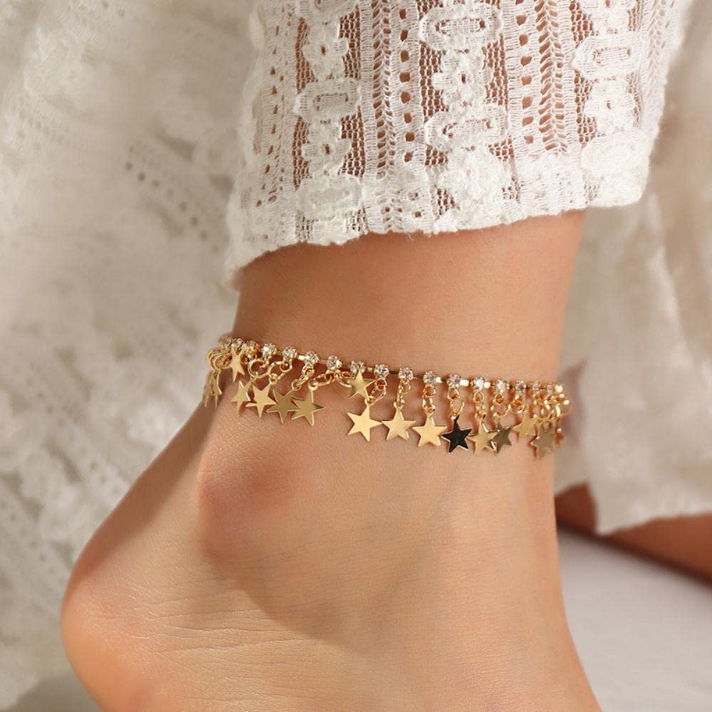 WKqifeil Women's Ankle Bracelet 2Pcs Set - Elegant Five-Pointed Star Pendant with Shiny Diamonds | European & American Style Beach Anklet Jewelry for Summer Vacation, Party, and Casual Wear