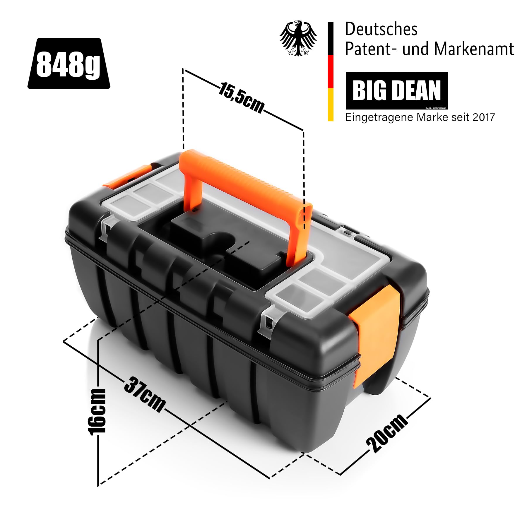 BigDean Empty Toolbox - Heavy-Duty Plastic - 37x20x16cm - Tool Storage Case with Inner Compartments & Small Parts Organizer - Toolbox for Home & Professional Use - Perfect for DIY, Auto Repair, and Construction Worksites